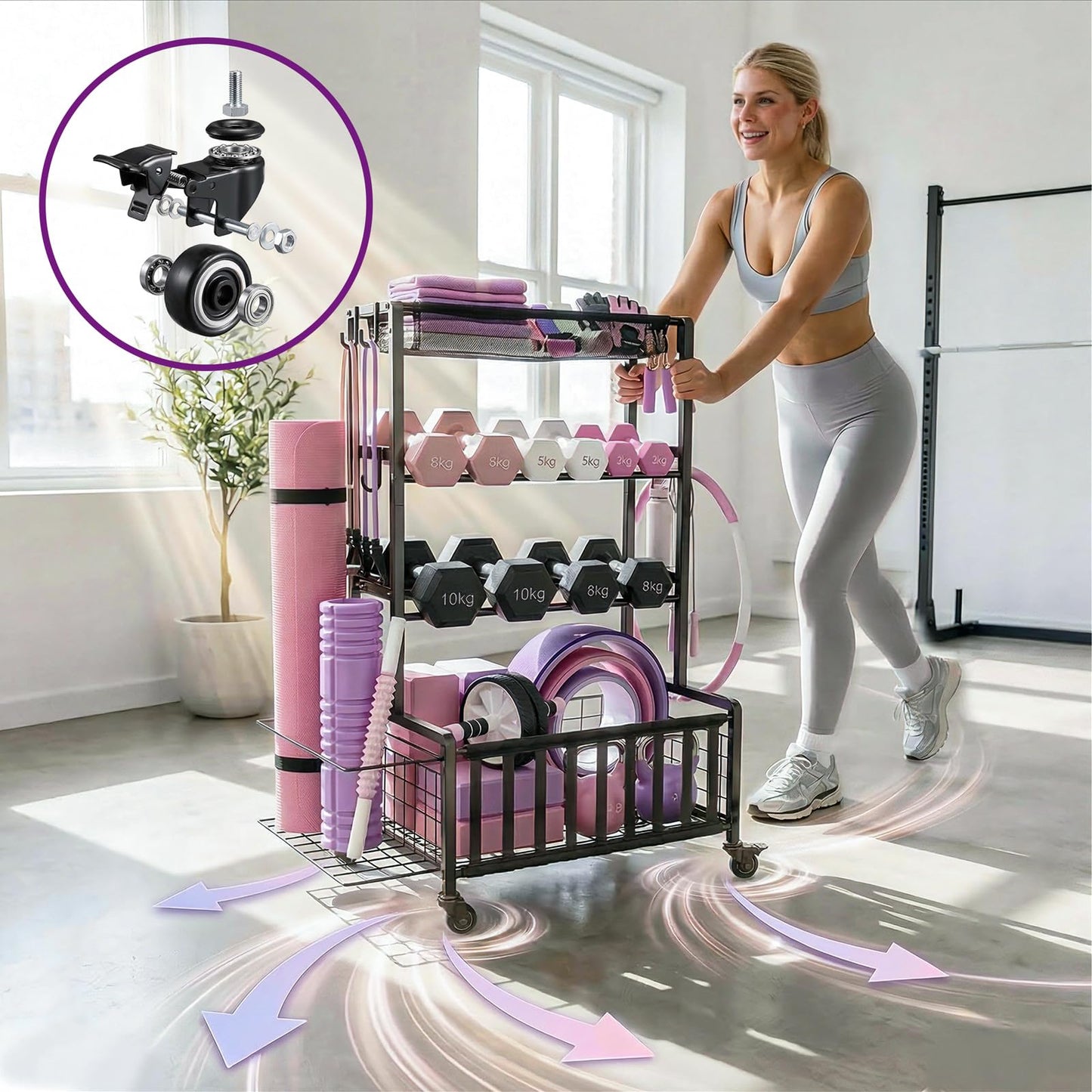 Dumbbell Rack, Home Gym Storage Rack, Adjustable Weight Rack Organizer with Wheels & Hooks, Heavy Duty Gym Equipment Storage, Workout Storage Organizer for Garage Gym
