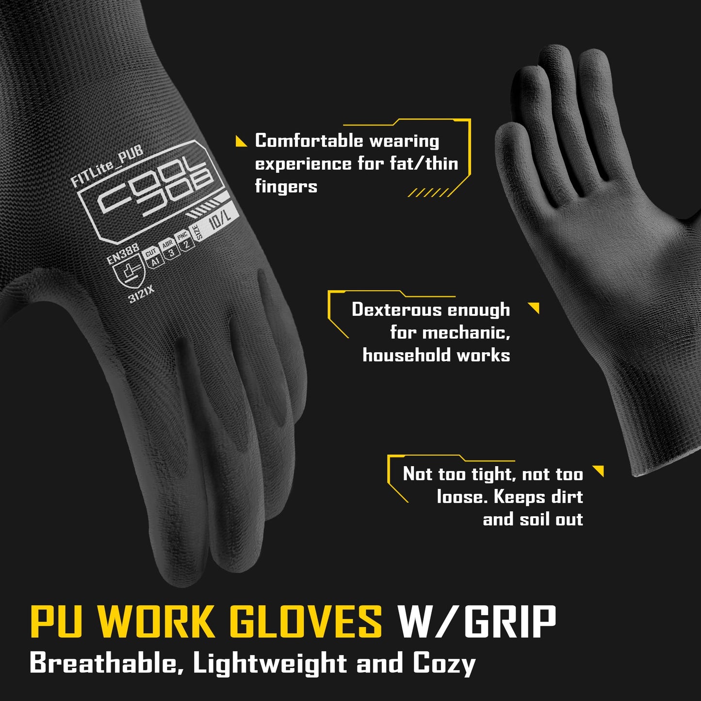 COOLJOB 13 Gauge Safety Work Gloves PU Coated 120 Pairs Medium, Ultra-lite Polyurethane Working Gloves with Grip for Men Women, Seamless Knit for Warehouse Driver Worker, Bulk Pack Package, Black