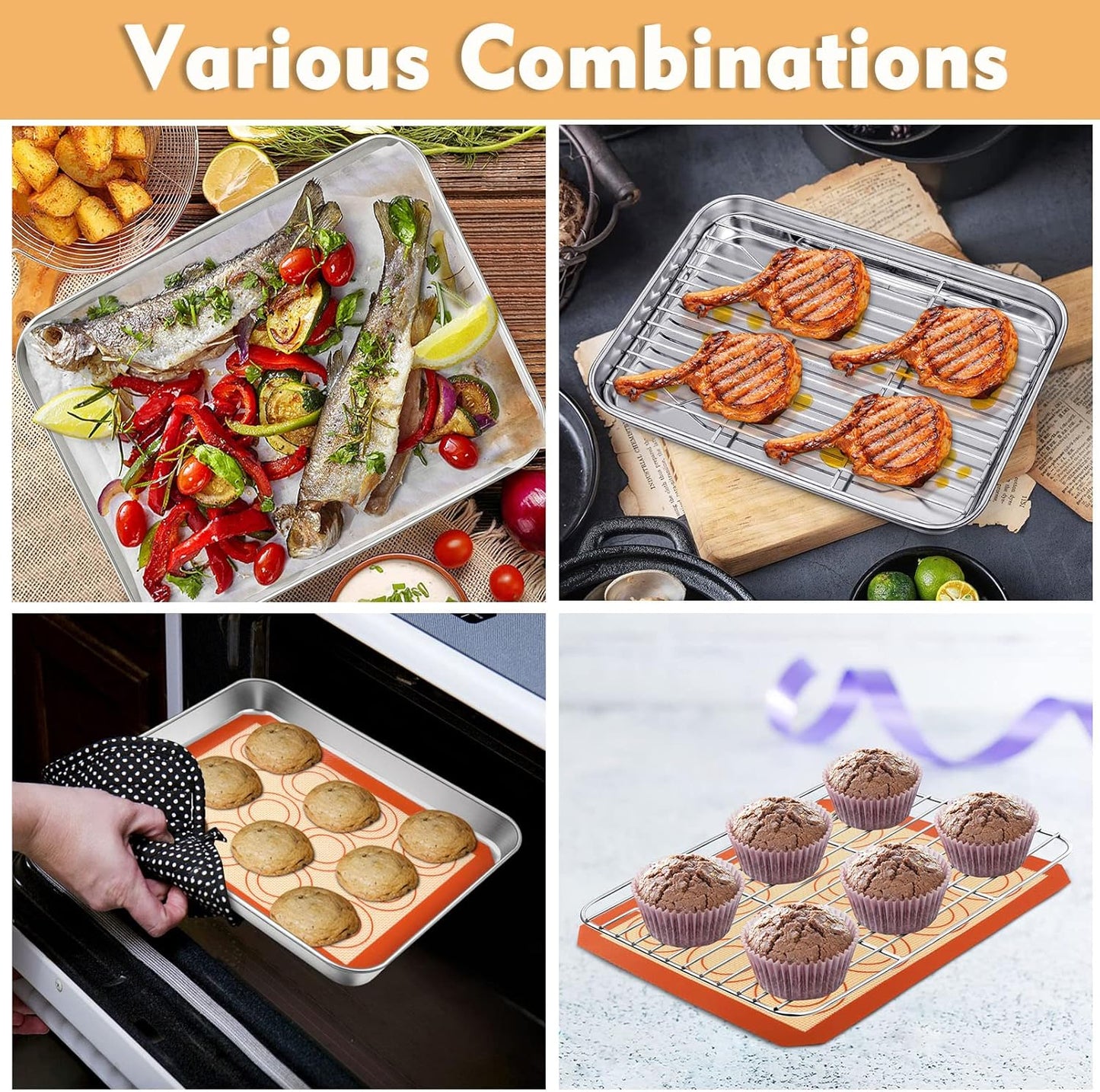P&P CHEF 9-Inch Baking Sheet Pan Set - Stainless Steel Tray with Rack & Silicone Mat, Dishwasher Safe