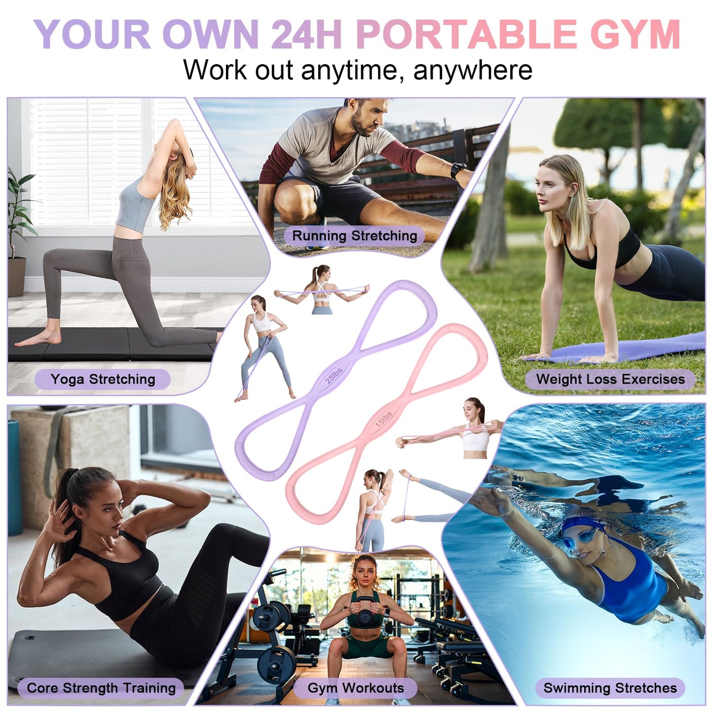 PolaZIA Figure 8 Resistance Band: Resistance Bands with Handles for Working Out - 8 Shaped Resistance Bands for Women - Exercise Bands for Arms - Fullbody Yoga Pulling Rope (15lbs Pink+25lbs Purple)