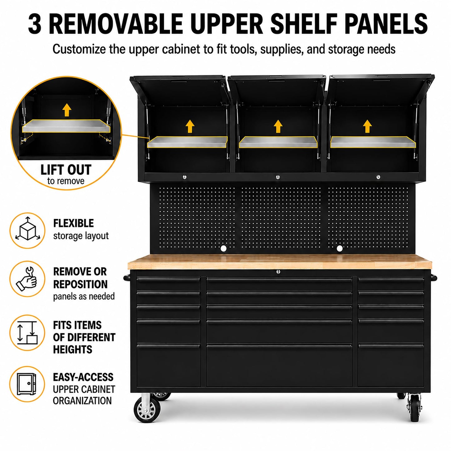 CHETTO C 72 inch Tool Chest Tool Box Mobile 15 Drawers Storage 3 Upper Cabinets SS-Pegboard Rolling Cabinet with Wheels Lock Key Locking System Drawer Liners for Garage Warehouse Repair Shop Black