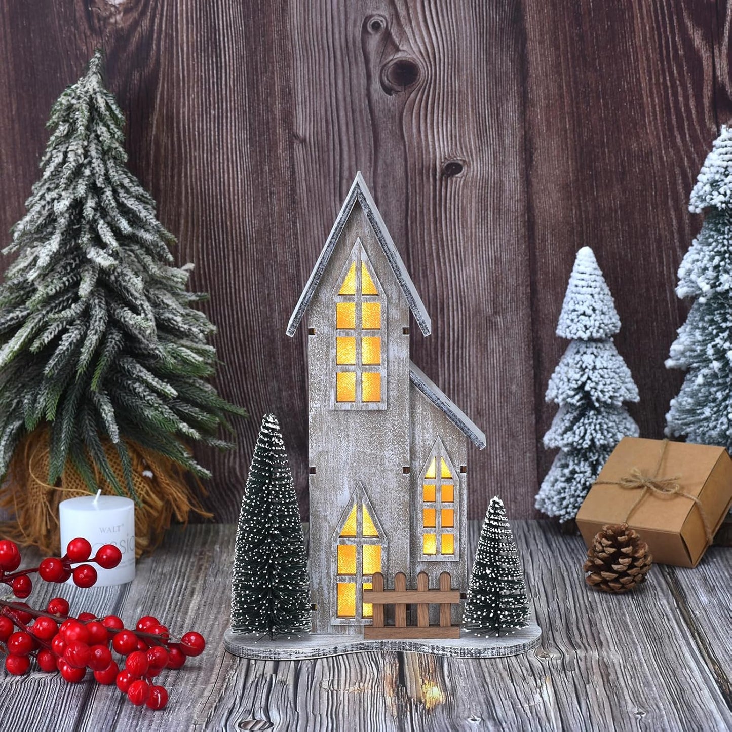 Wooden Christmas Village House - Lighted Indoor Tabletop Decor with LED & Tree | Winter Holiday Centerpiece (Style A)