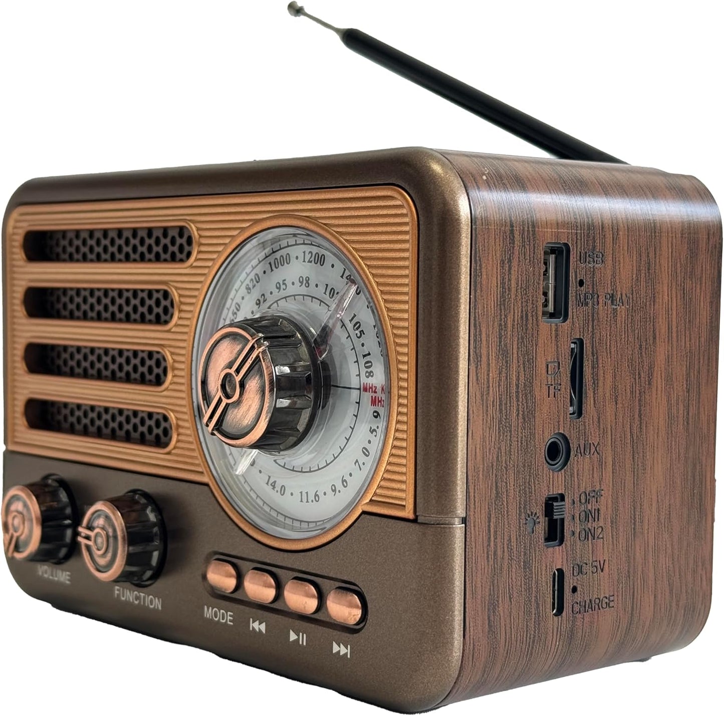 YIONGTAF MP3 Retro AM/FM Portable Radio with Player, Rechargeable Battery, LED Light, Wood Grain Design