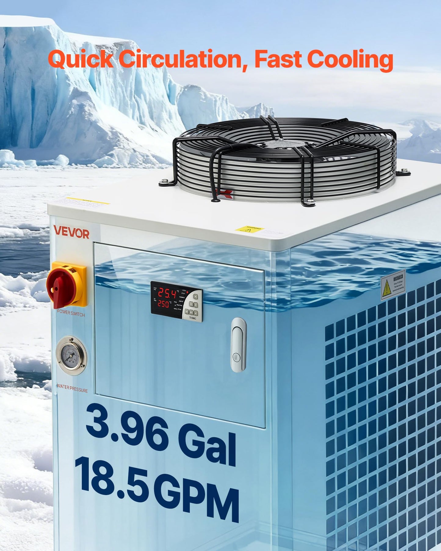 VEVOR Industrial Water Chiller, 17,060 BTU/h, Industrial Water Cooler Cooling System with Compressor, 3.96  Gal Tank Capacity, 18.5 GPM Max Flow Rate, for CO2 Laser Tube Engraving & Cutting Machine