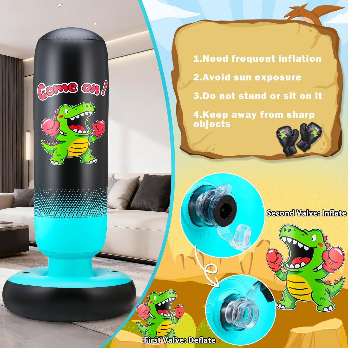 EIVONDA Punching Bag for Kids 65" Inflatable Dinosaur Kids Punching Bag with Boxing Gloves Boxing Bag Set with Pump Dinosaur & Hitting Target Pattern 2 in 1 Birthday Gifts for Boys & Girls Age 3-12