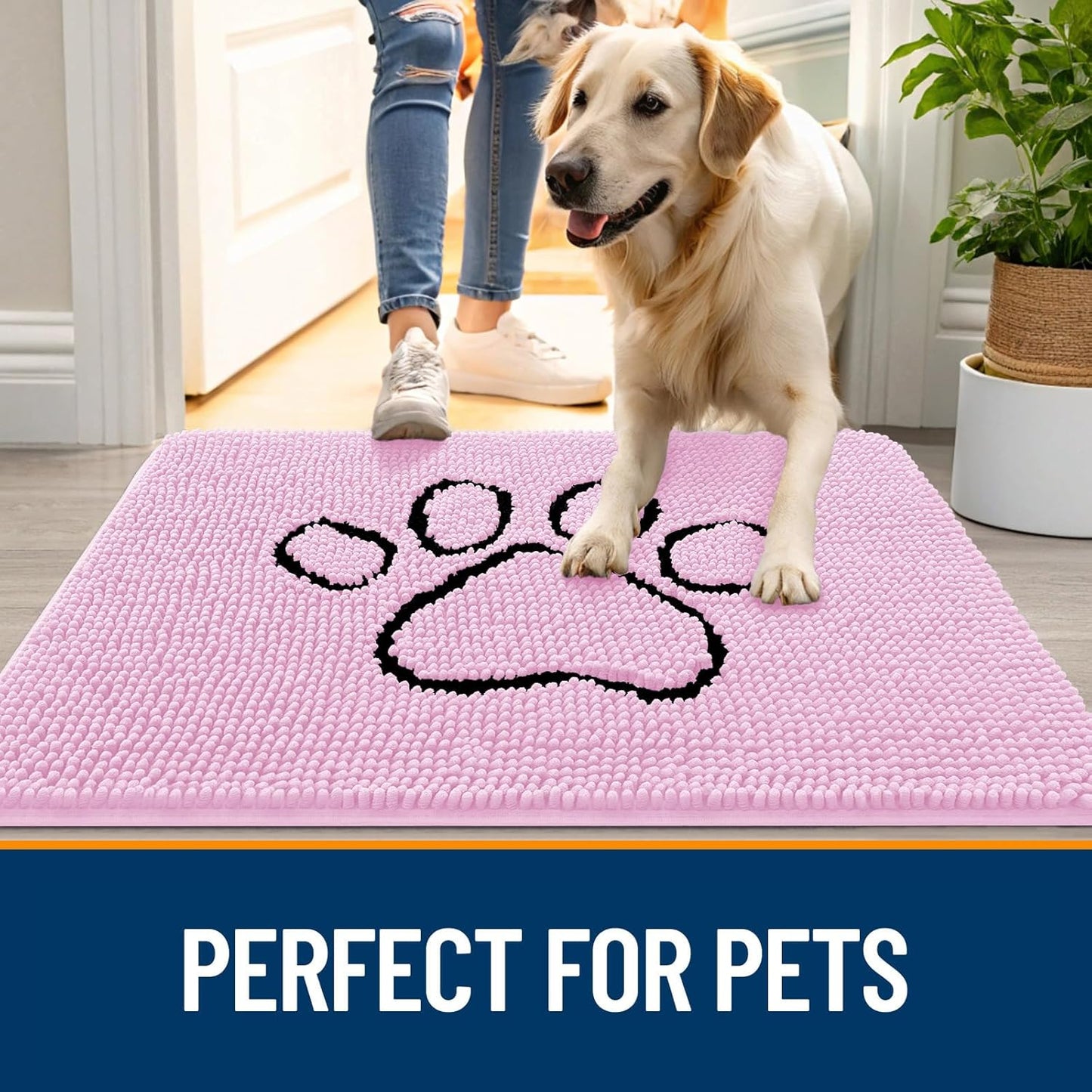 OLANLY Dog Door Mat - Absorbent Non-Slip Mud Mat for Paws | Quick Dry Chenille, 48x30, Pink