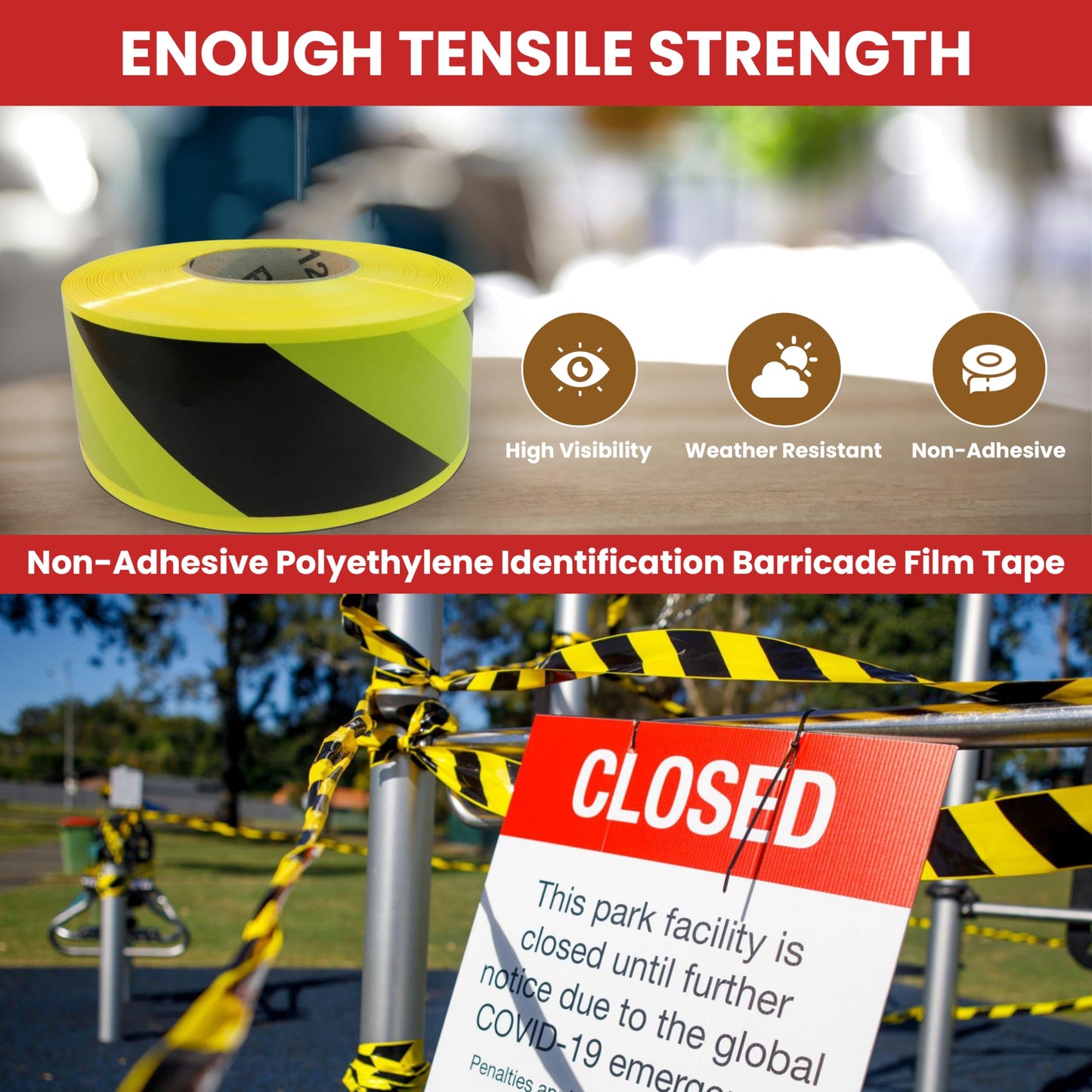 GGR Supplies BRC-80 Non-Adhesive Polyethylene Identification Barricade Film Tape Ideal for Hazardous Areas & Safety Identification. 3 Inch X 1000 Ft. (8 Rolls, Black/Yellow)
