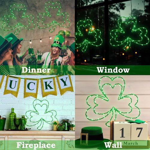Kenburg 2 Pcs St. Patrick's Day Window Lights, 13" 8 Modes LED Double Shamrock Window Lights, Timed Battery Powered with Remote, Lighted Irish Green Clover Iron Silhouette for Window Home Decoration