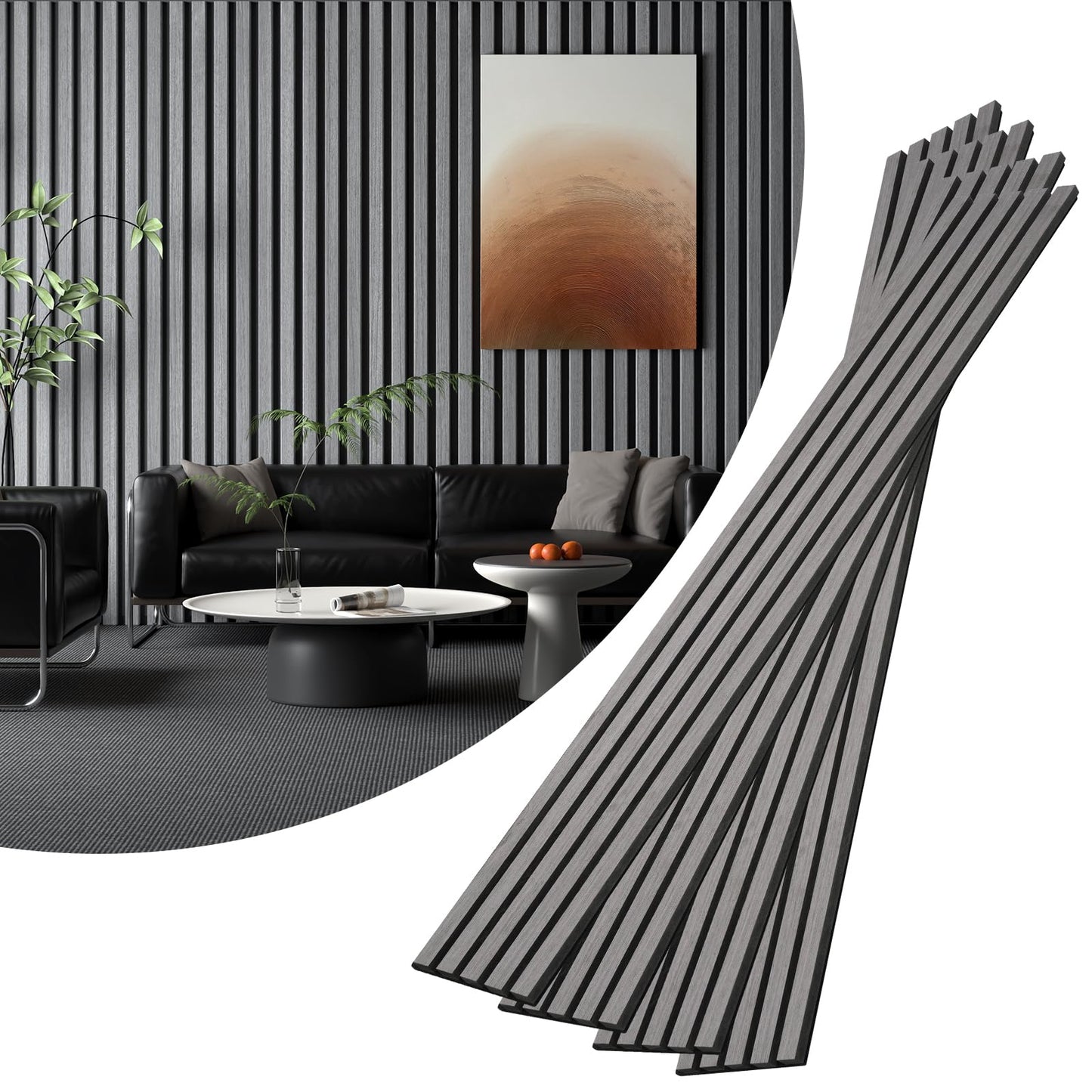 VallisCo 4-Piece Wood Slat Acoustic Panels for Stylish Interior Decor & Noise Reduction - 94.5" x 7.87" 3D Solid Wood Wall Panels for Ceiling and Wall, Covers 20.66 Sq Ft, Grey Oak