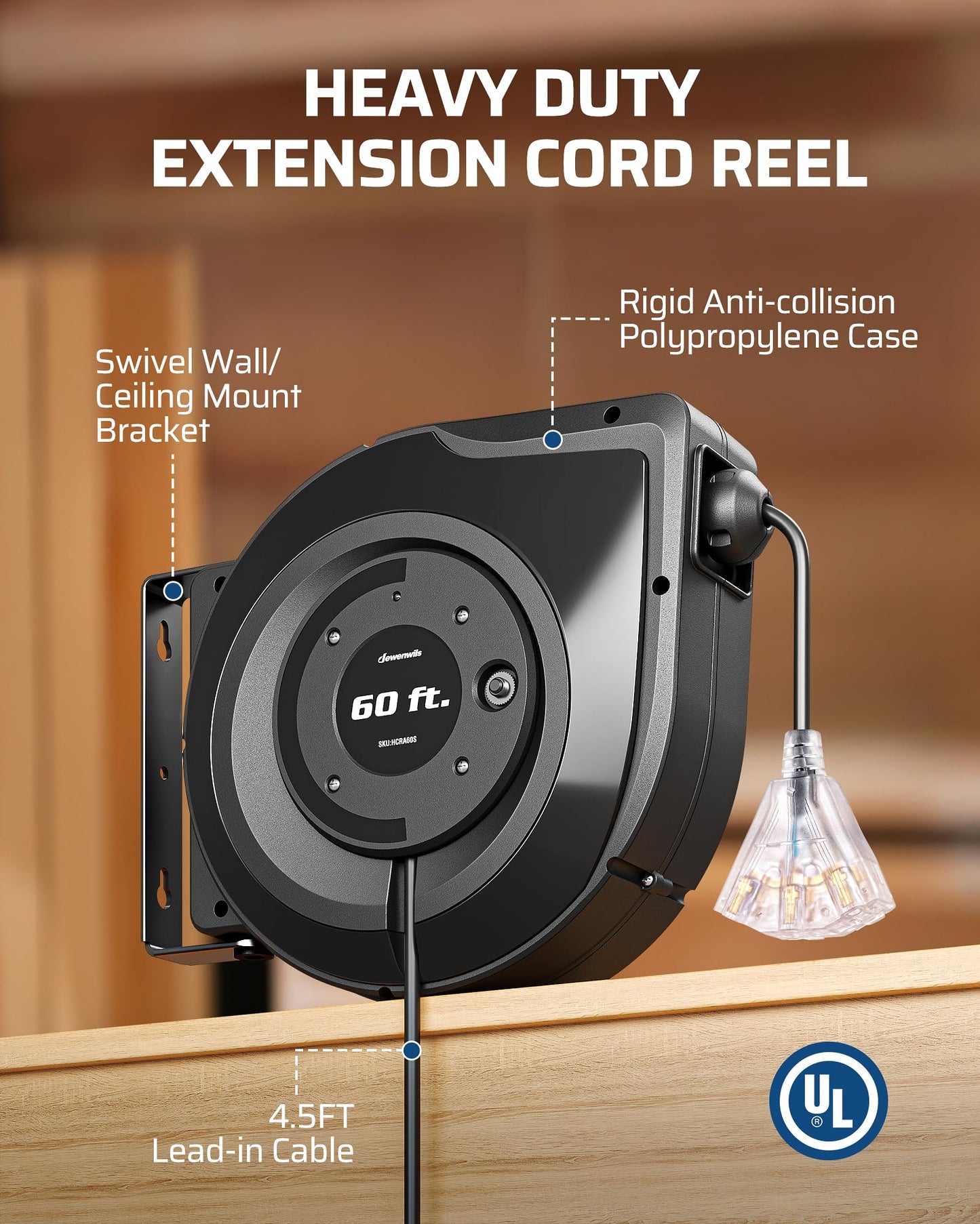 DEWENWILS Retractable Extension Cord Reel, 60FT Retractable Cord Reel, 12AWG/3C SJTOW, Lighted Triple Tap Outlets, 15A Circuit Breaker, Wall/Ceiling Mounted Heavy Duty Power Cord