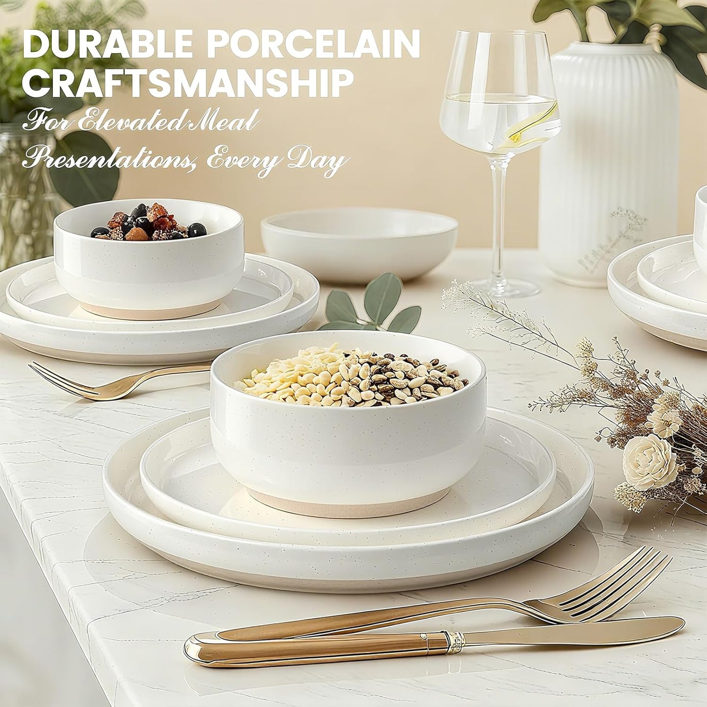 Skiennix Dinnerware Set - 12-Piece Ceramic Plates & Bowls Set for 4 | Scratch Resistant, Microwave & Dishwasher Safe, Cream White