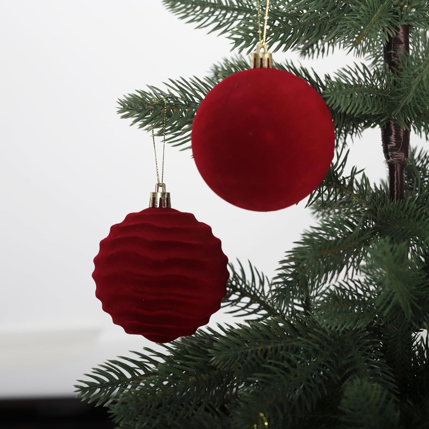 Senjie Burgundy Velvet Christmas Ornaments - 12PCS Flocked Plastic Balls for Tree Decoration