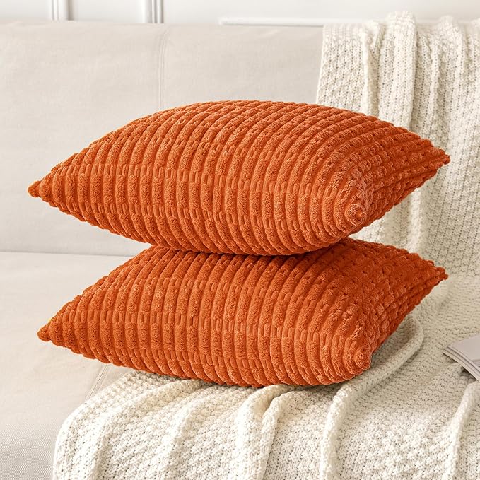 MIULEE Pack of 2 Orange Corduroy Decorative Pillow Covers 16x16 Inch Soft Boho Striped Throw Pillow Covers Modern Farmhouse Home Decor for Halloween Thanksgiving Summer Sofa Living Room Couch Bed