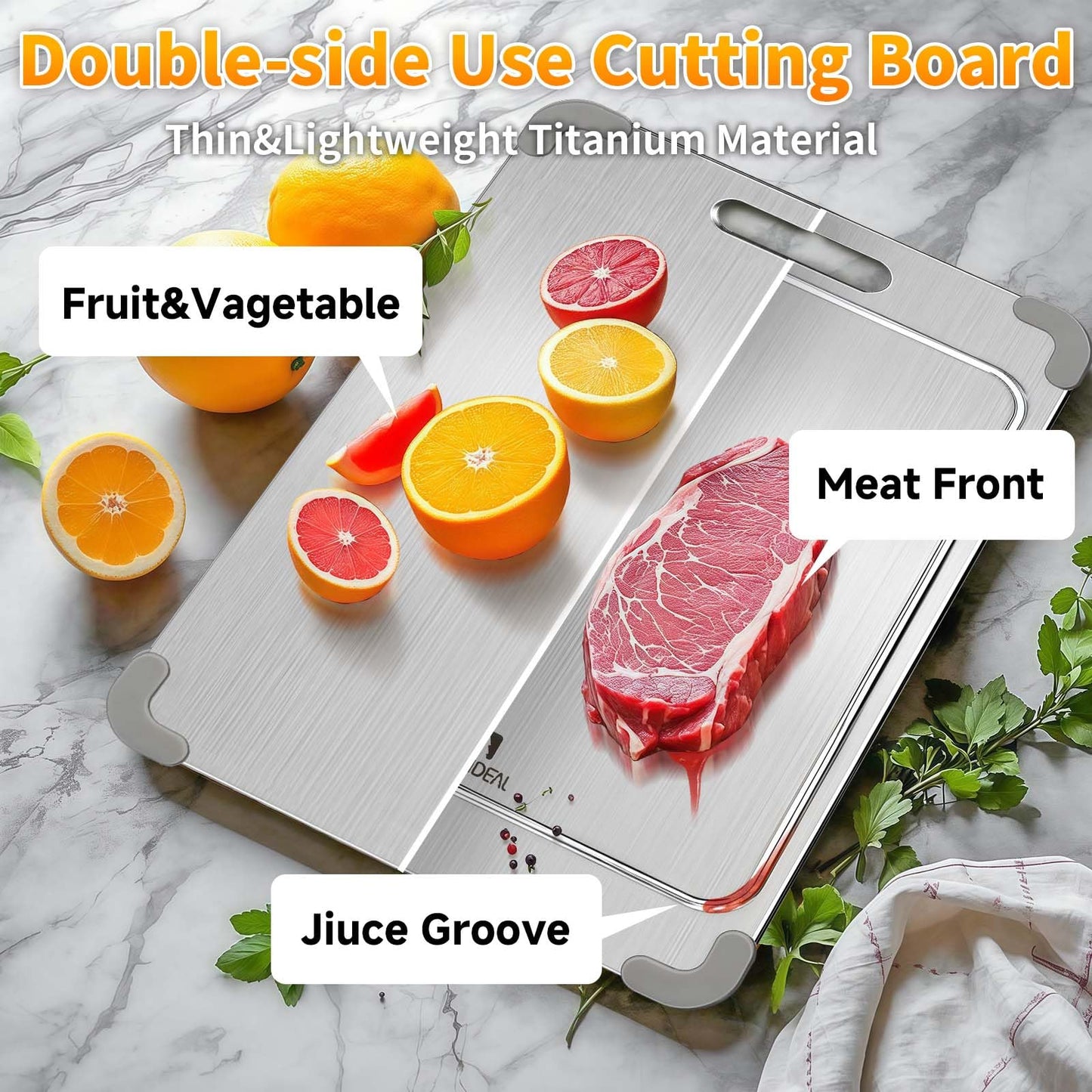 ZYBIDEAL 100% Pure Titanium Cutting Board with Grooves, Update Double Side Titanium Chopping Board, Silicone Anti-slip Stainless Cutting Boards for Kitchen 11 * 15 IN, Grey