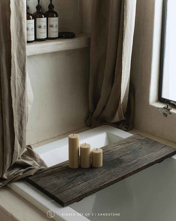 LAWA Roman Handmade Tall Ribbed Pillar Candle - Beautiful Scented Soy Wax Dinner Candle | Classic Aesthetic Decoration Set | Housewarming Gift | Home Room Shelf Decor Idea - Sandstone (Set of 3)
