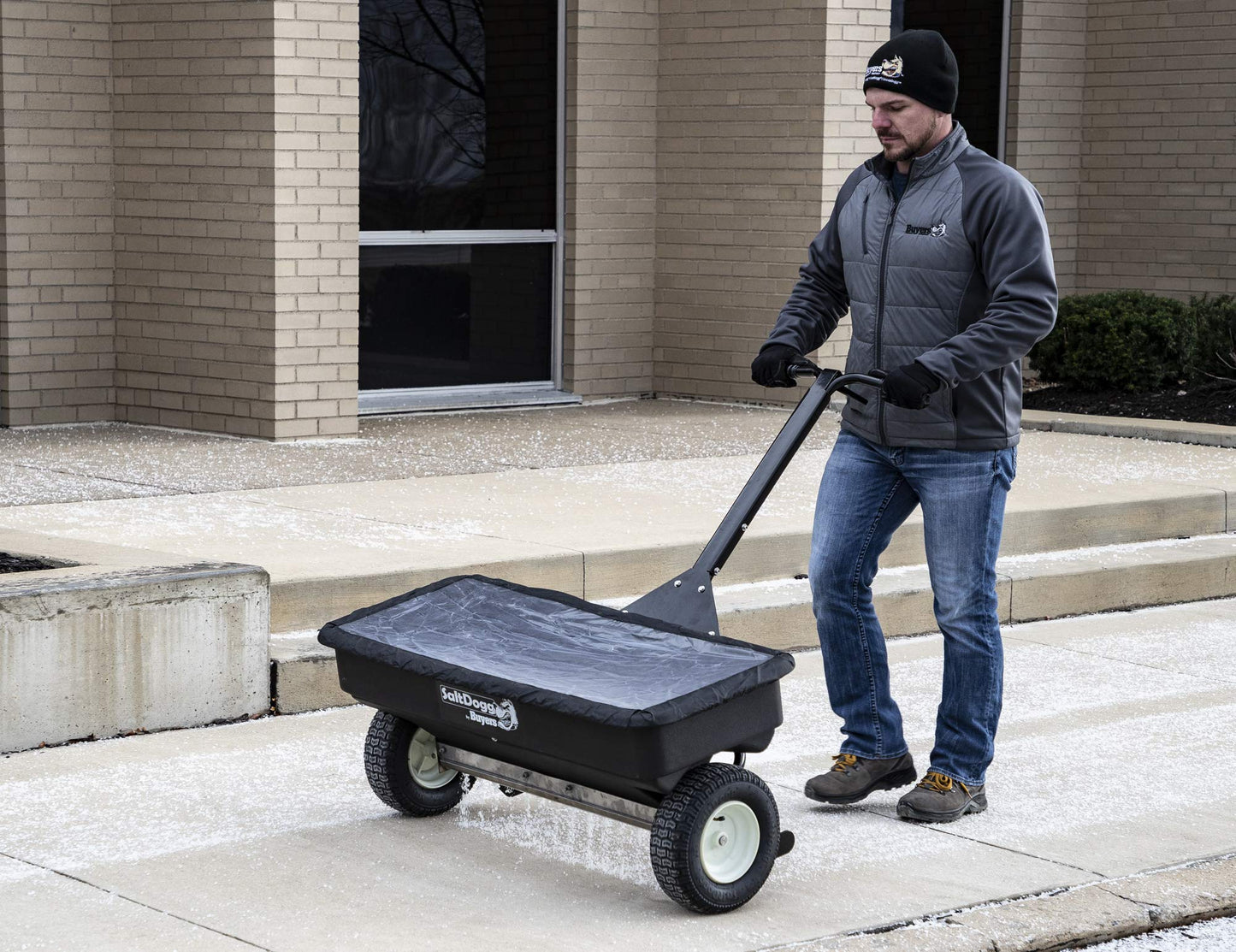 Buyers Products SaltDogg WB400 Walk Behind Drop Spreader, 2.5 cu ft Poly Hopper (200 lb), Stainless Frame/Agitator, 44 in Path, 13 in Pneumatic Tires, Rain Cover & Screen, Made in USA