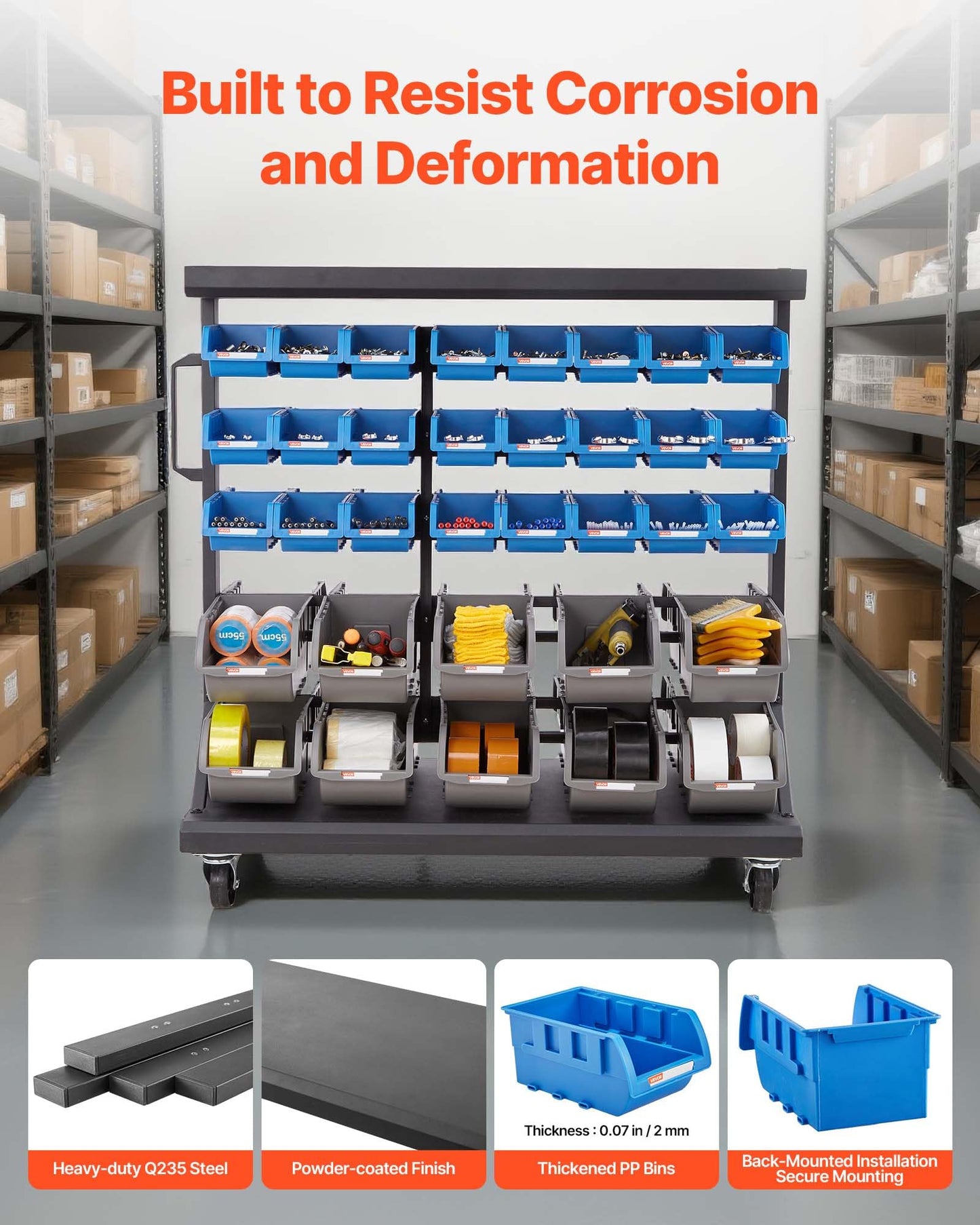 VEVOR 5-Tier Double-Sided Rolling Bin Storage Rack, 68 Plastic Bins, Dual-Sided Parts Organizer with Wheels, Mobile Tool Organizer for Garage, Warehouse, Office, Restaurant, Classroom, Kitchen