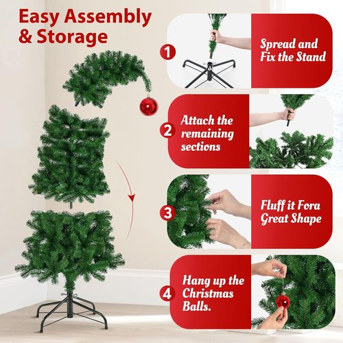 Hatisan 6FT Artificial Christmas Tree - Bent Green Design with Ball Ornaments & Metal Base for Holiday Decor