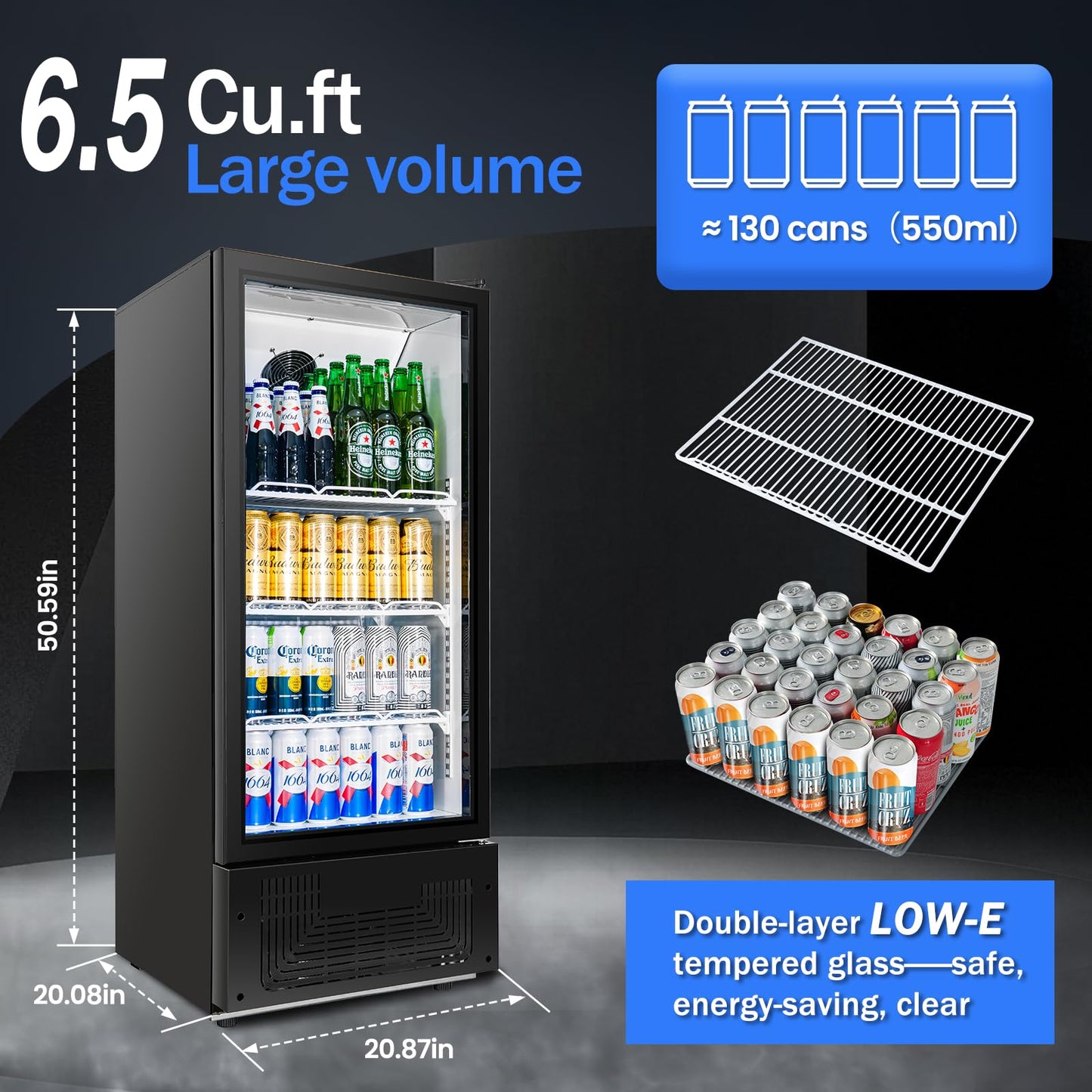 BINGERMA 6.5 Cu.Ft Commercial Beverage Refrigerator Glass Door Upright Drink Cooler Display Fridge with Adjustable Shelves and LED Light for Restaurant Bar Store Office