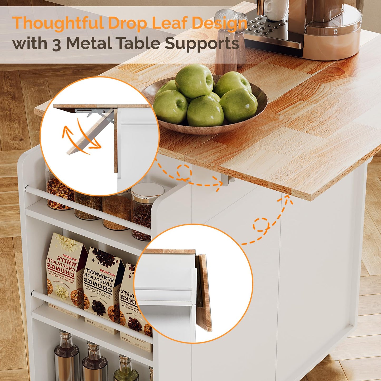 VINGLI Kitchen Island Cart with Storage, Rolling Kitchen Cart on Wheels with Foldable Drop Leaf, 15.35 x 31.15 x 34.45 Inches, Rubber Wood Top, Drawer and Door Cabinet, White