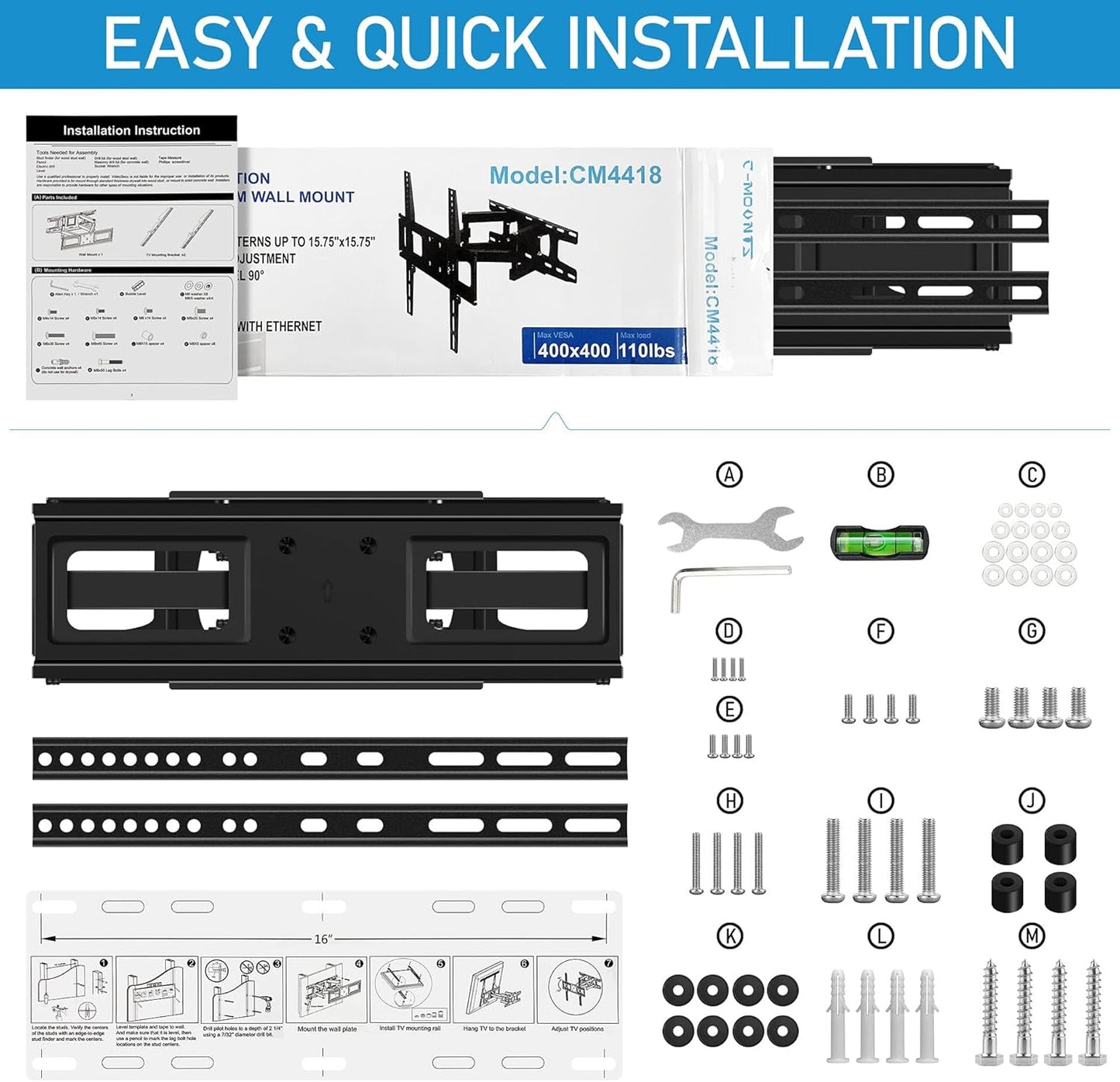 C-MOUNTS 26 65 Inch 400X400 110lbs,Fits 16" Full Motion TV Wall Mount Bracket with Articulating Dual Arm Swivel