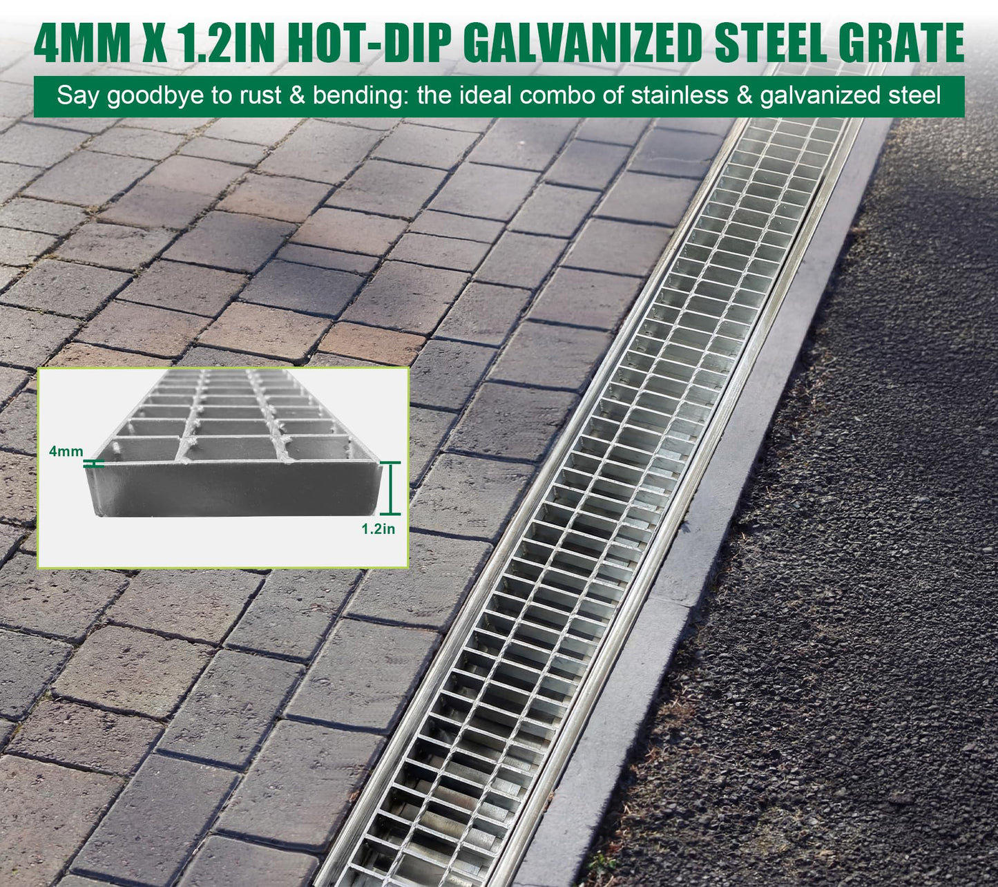 Natotela Driveway 304 Stainless Steel Channel Drain with Galvanized Steel Grate-39.4x7.1x6.3in B125 Heavy Duty Trench Drain System,3 Pack Total Length 118.2in,Metal Drainage System for Garage