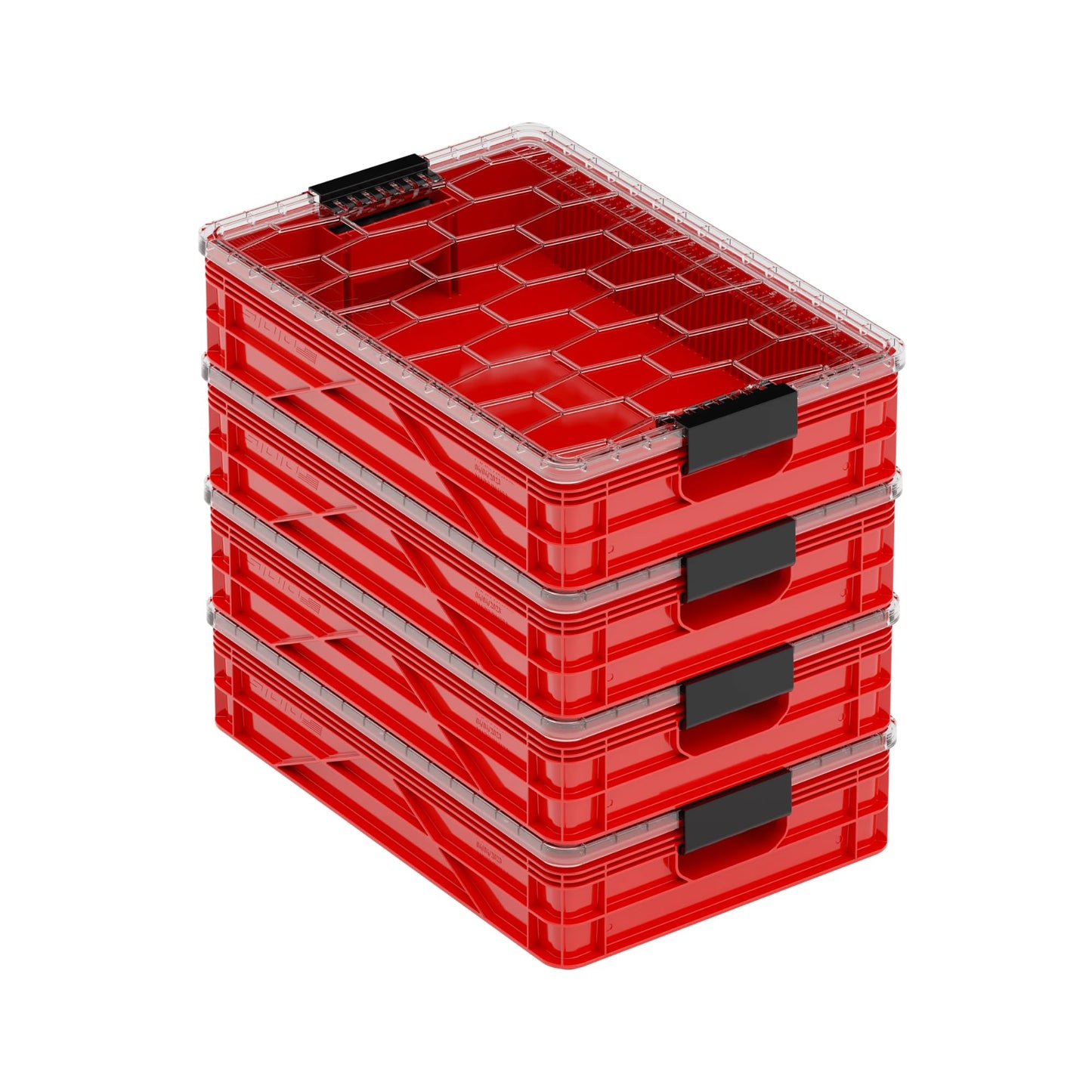 SIDIO Quarter Crate 4 Pack of Stackable Storage Bins - Organizer Bins with Dividers for Garage Organization, Home Storage - Heavy Duty Plastic Containers - 19.16” x 12.75”x 4.57” (Red)