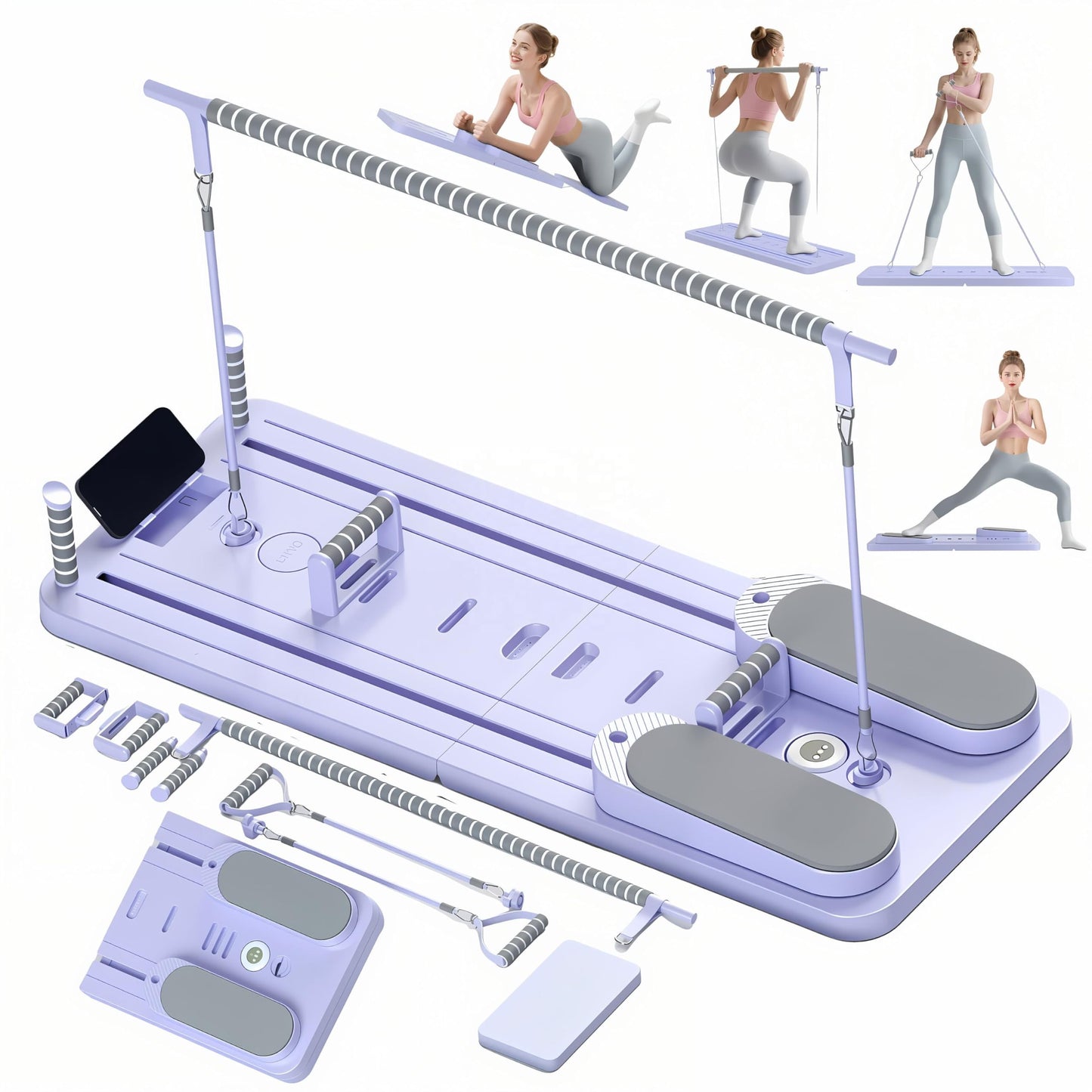 Pilates Reformer Board for Home Workouts, Foldable Pilates Machine with Timer & Resistance Bands, Full Body Workout Equipment for Core Training, Abs, Legs & Glutes