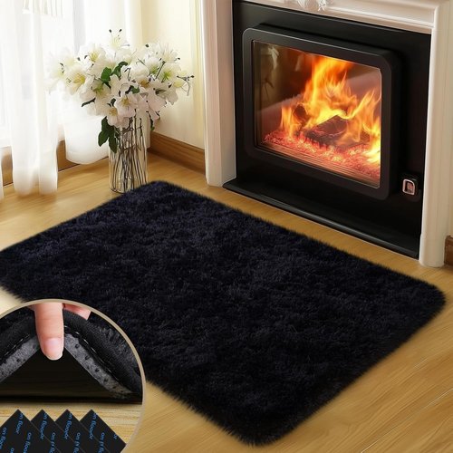 Mugorn Black Area Rug - Soft Fluffy Shag Carpet for Bedroom & Living Room | 2x3 Feet with Non-Slip Pads
