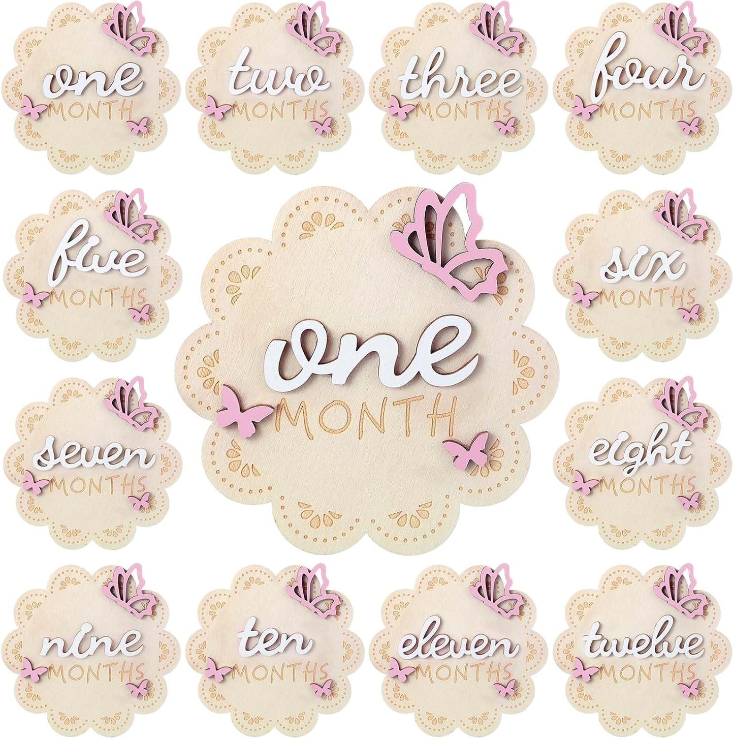 12 3D 1-12 Pcs Butterfly Wooden Baby Girl Monthly Milestone Cards Sign Months Milestone Marker Discs Newborn