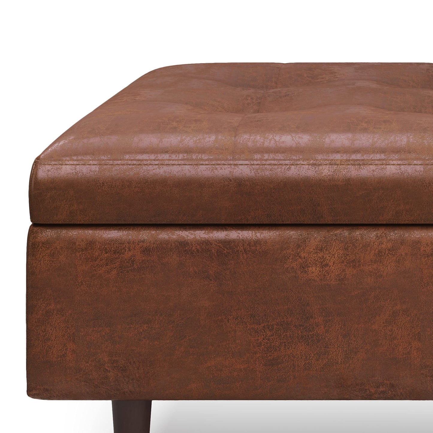 SIMPLIHOME Shay Coffee Table Storage Ottoman - 38 inch Wide Upholstered Vegan Leather Large Square Ottoman in Distressed Saddle Brown, Mid-Century Modern Tufted Ottoman for Living Room with Lift Top