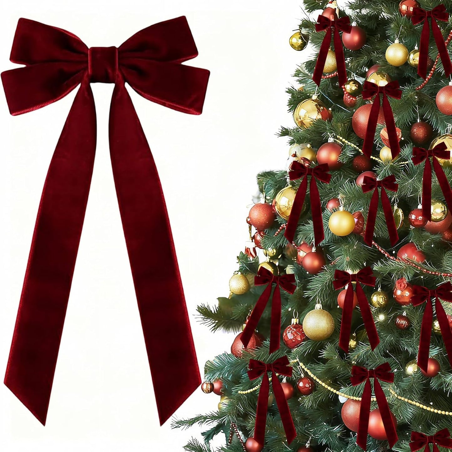 Velvet Ribbon Bows by Wine Red | 12 Pcs 5in x 10in Christmas Tree Ornaments for Holiday Decor