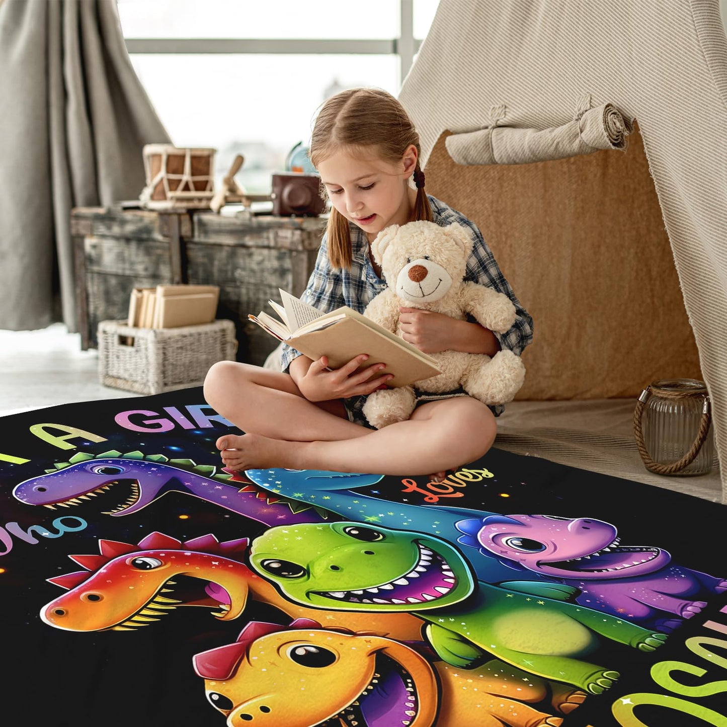 Just A Girl Who Loves Dinosaurs Blanket, Kids Dinosaur Blanket for Girls Boys Toddler, Cute Dinosaur Gifts for Adults and Kids, Funny Dinosaur Lovers Ideas, Colorful,80"X60"