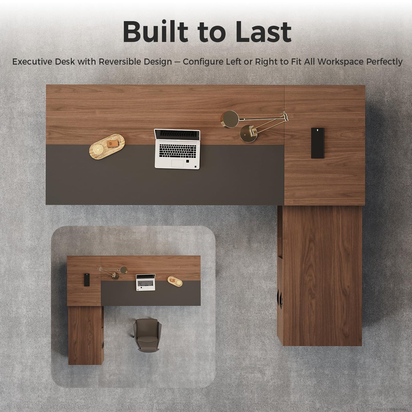 ZIMASYA Compact Reversible L Shaped Executive Desk for Manager, Home Office Desk with Power Outlet & USB Ports, LED Ambient Lighting, Storage Cabinet (Red Walnut/Graphite Gray, 95" L*71" W*30" H)