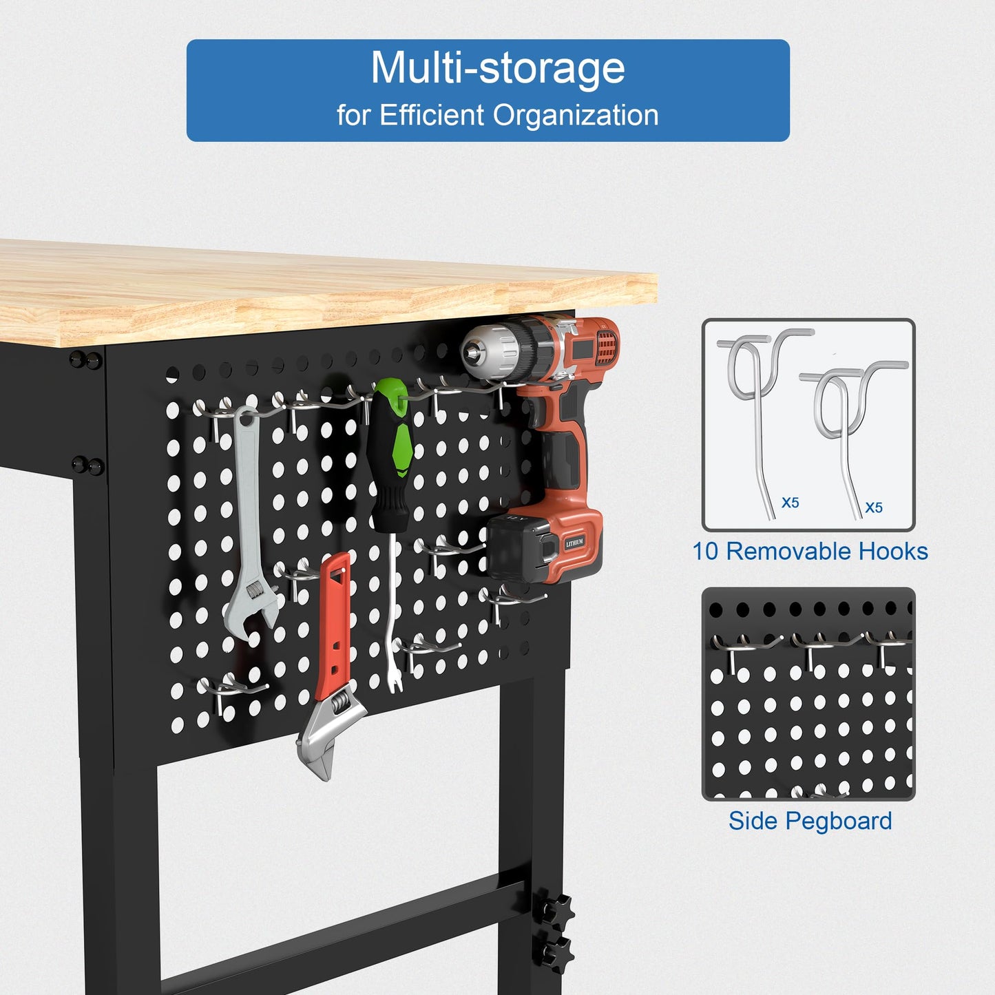 HARDURA 48" Adjustable Wooden Workbench with Wheels, Built-in Power Outlets, 1320 lb Load Capacity for Workshop