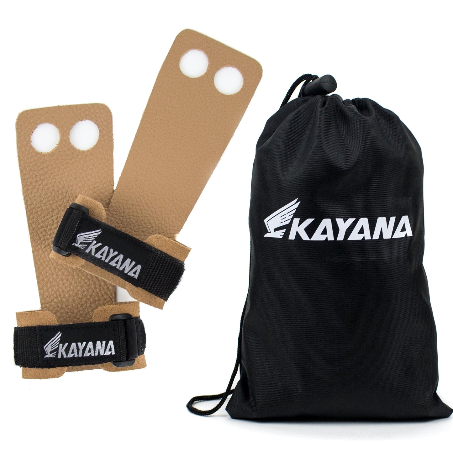 KAYANA 2 Hole Leather Gymnastics Hand Grips - Palm Protection and Wrist Support for Cross Training, Kettlebells, Pull ups, Weightlifting, Chin ups, Workout, & Exercise (Tan, Small)