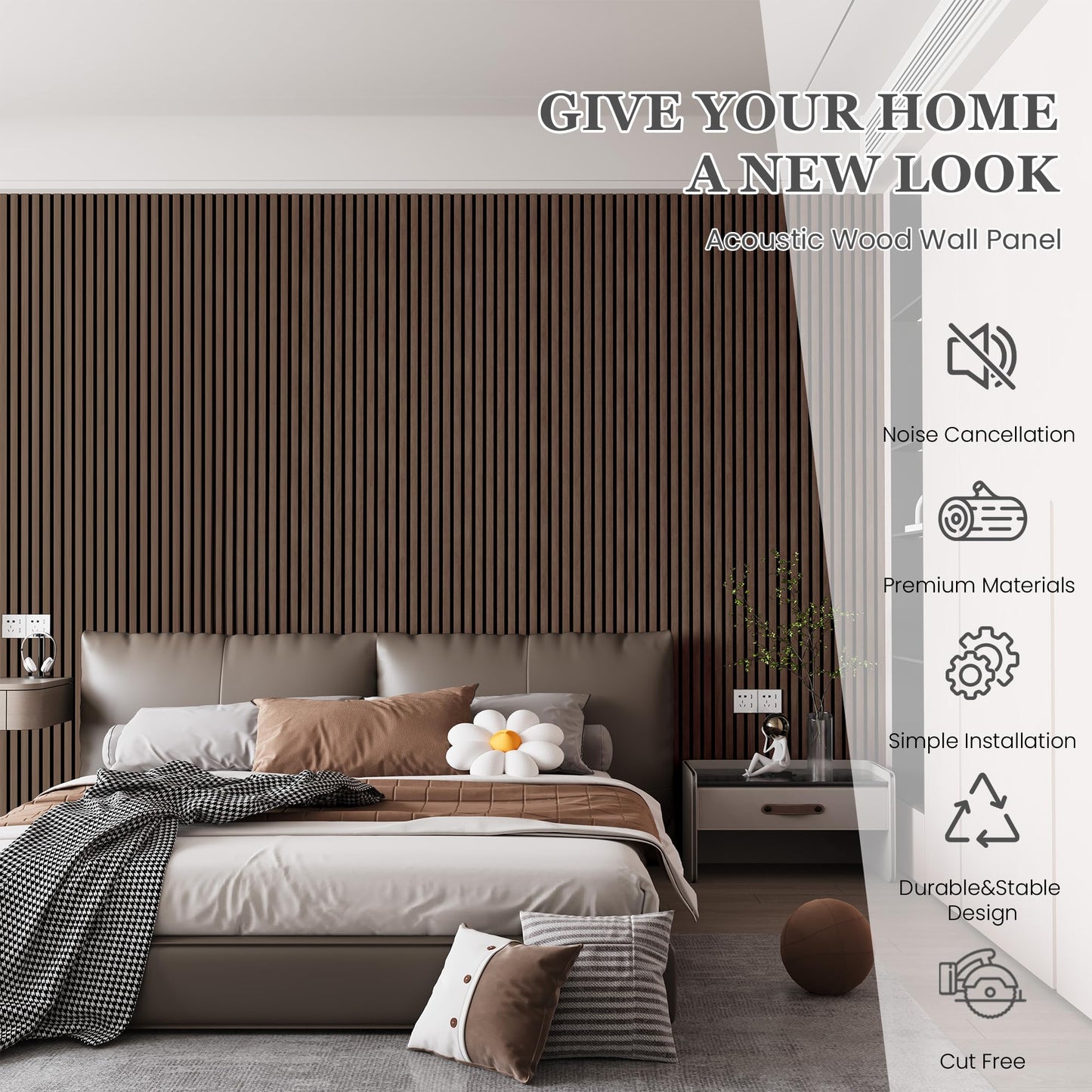 Wood Salt Acoustic Wall Panels, 6 Piece 94" x 7.9" x 0.8" Soundproof Wooden Wall Panels, 3D Fluted Sound Absorbing Panel, Natural Walnut