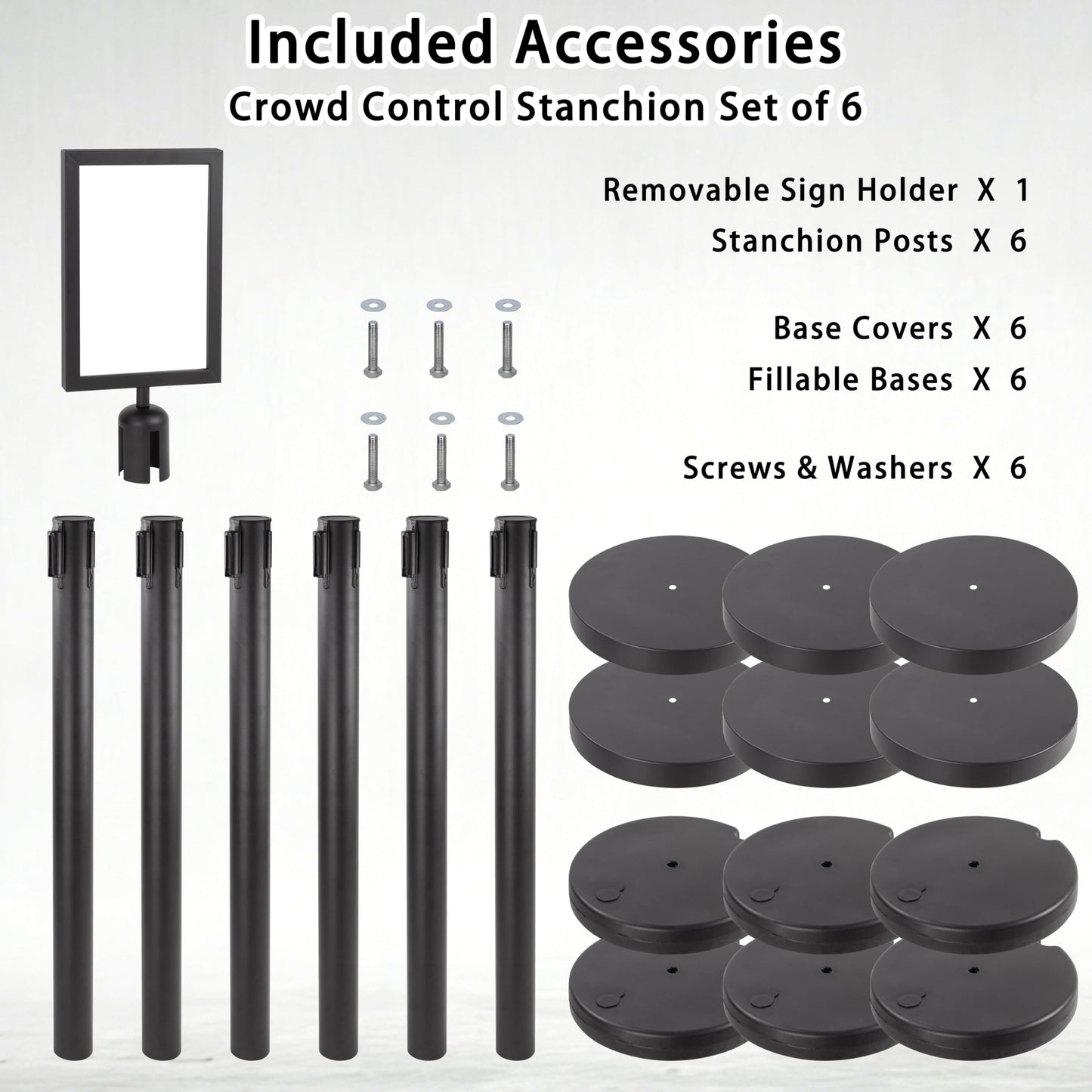 REGRACENLO Crowd Control Stanchion Set with Sign Topper,Black Stanchion with 6.6 ft Black Retractable Belt Barriers,Crowd Control Barriers with Durable Refillable Enlarged Base 6 Pcs