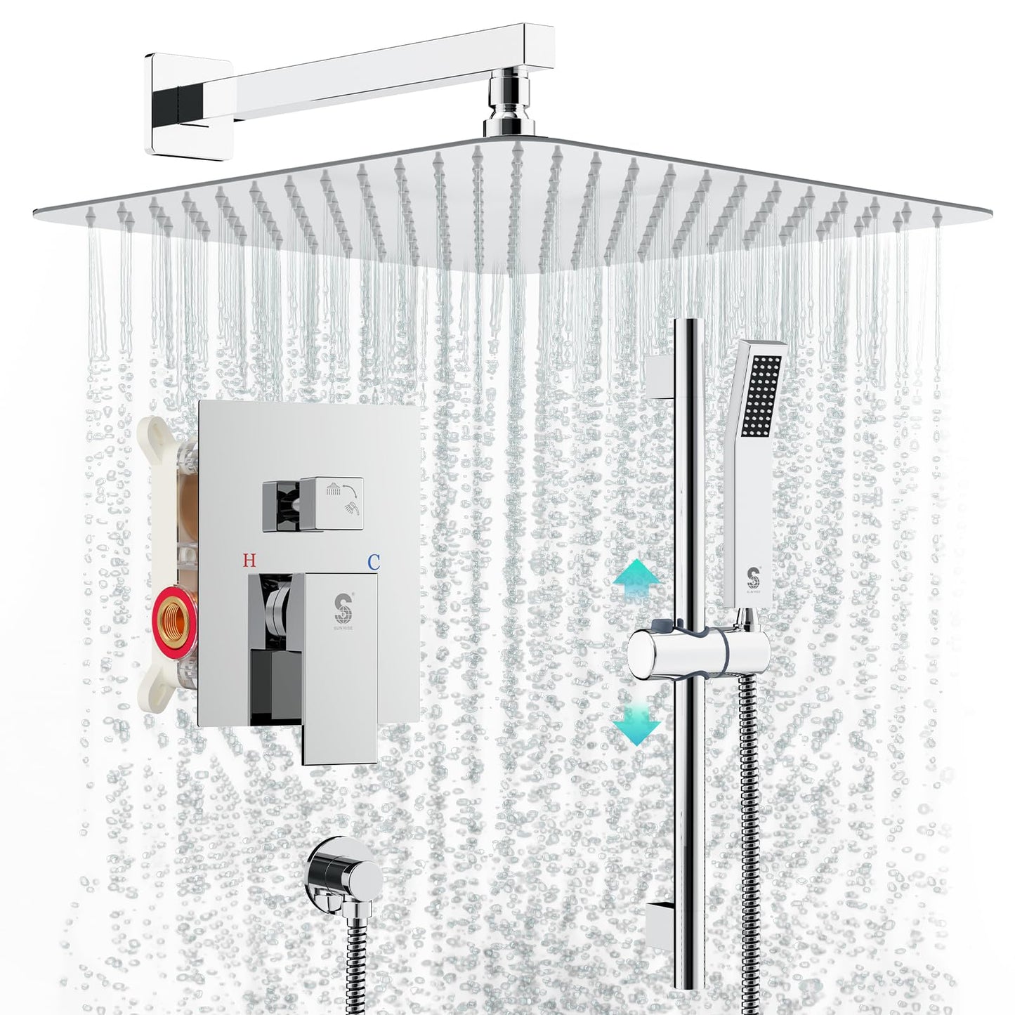 SR SUN RISE 12 Inch Slide Bar Shower System, Square Rain Shower Head and Handheld Spray, Wall Mounted Shower Faucets Sets Complete Included Valve and Shower Trim Kit, Polished Chrome