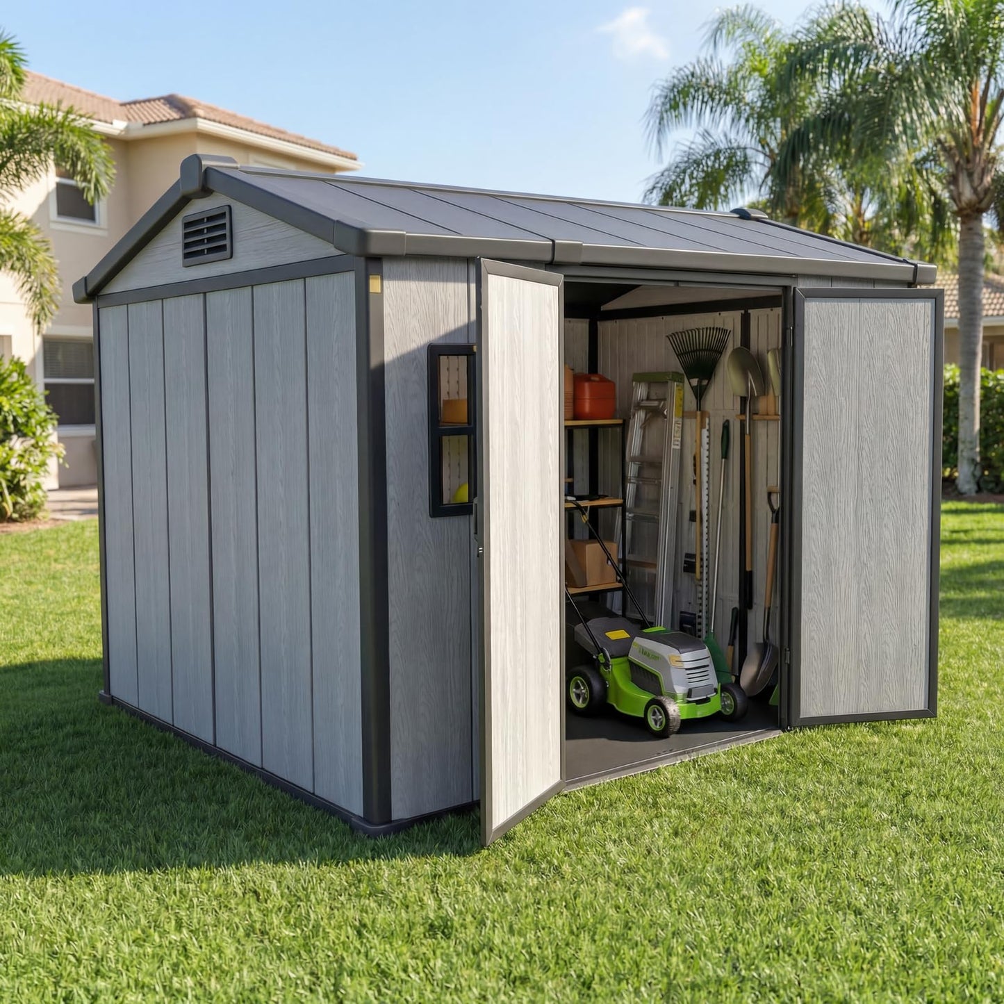 Outdoor Storage Shed, 6x8 FT, Tool Storage Shed with Floor for Patio, Backyard, Garden Tools and Bike, Light Gray