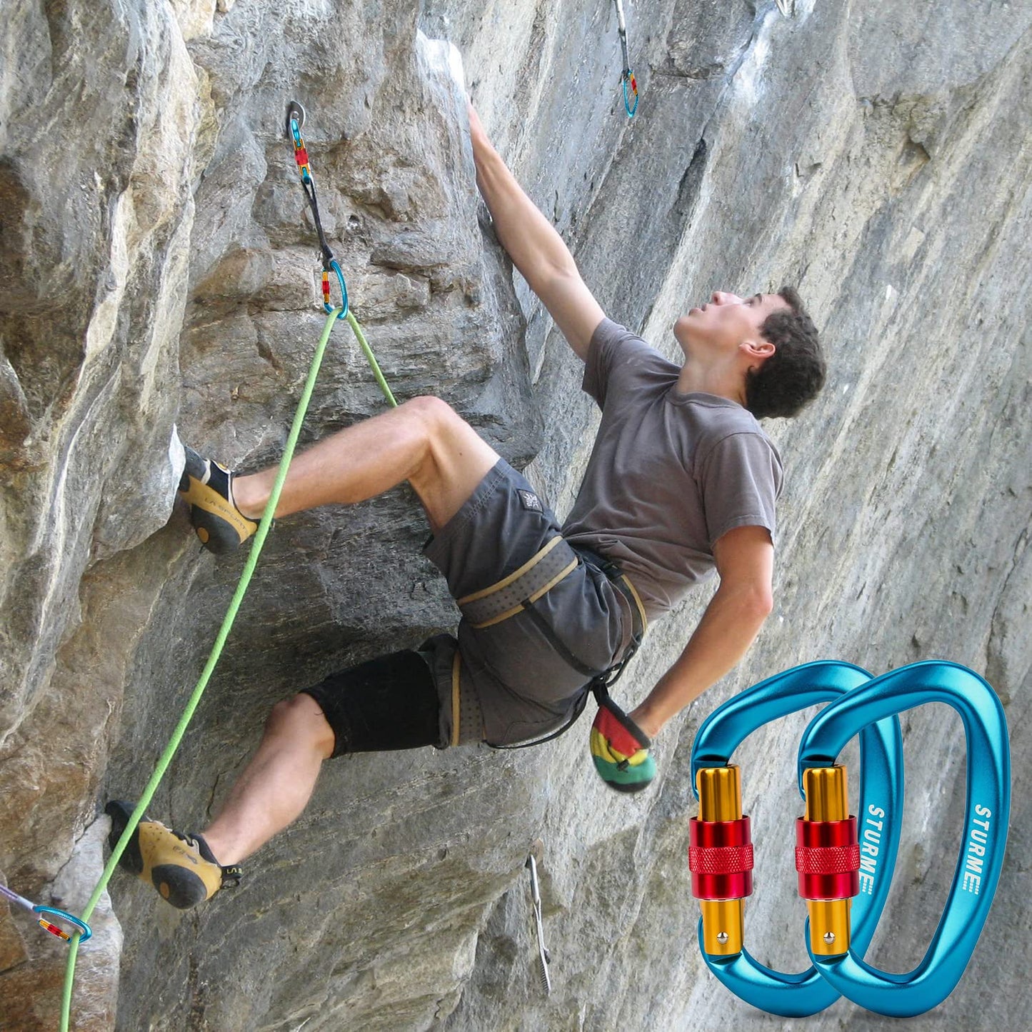 STURME UIAA Certified Climbing Carabiner Clips, 2 Pack 25KN(5623lbs) Screwgate Locking Carabiner Heavy Duty Caribeener Clips, Large Carabiner D Ring for Rock Climbing & Mountaineering