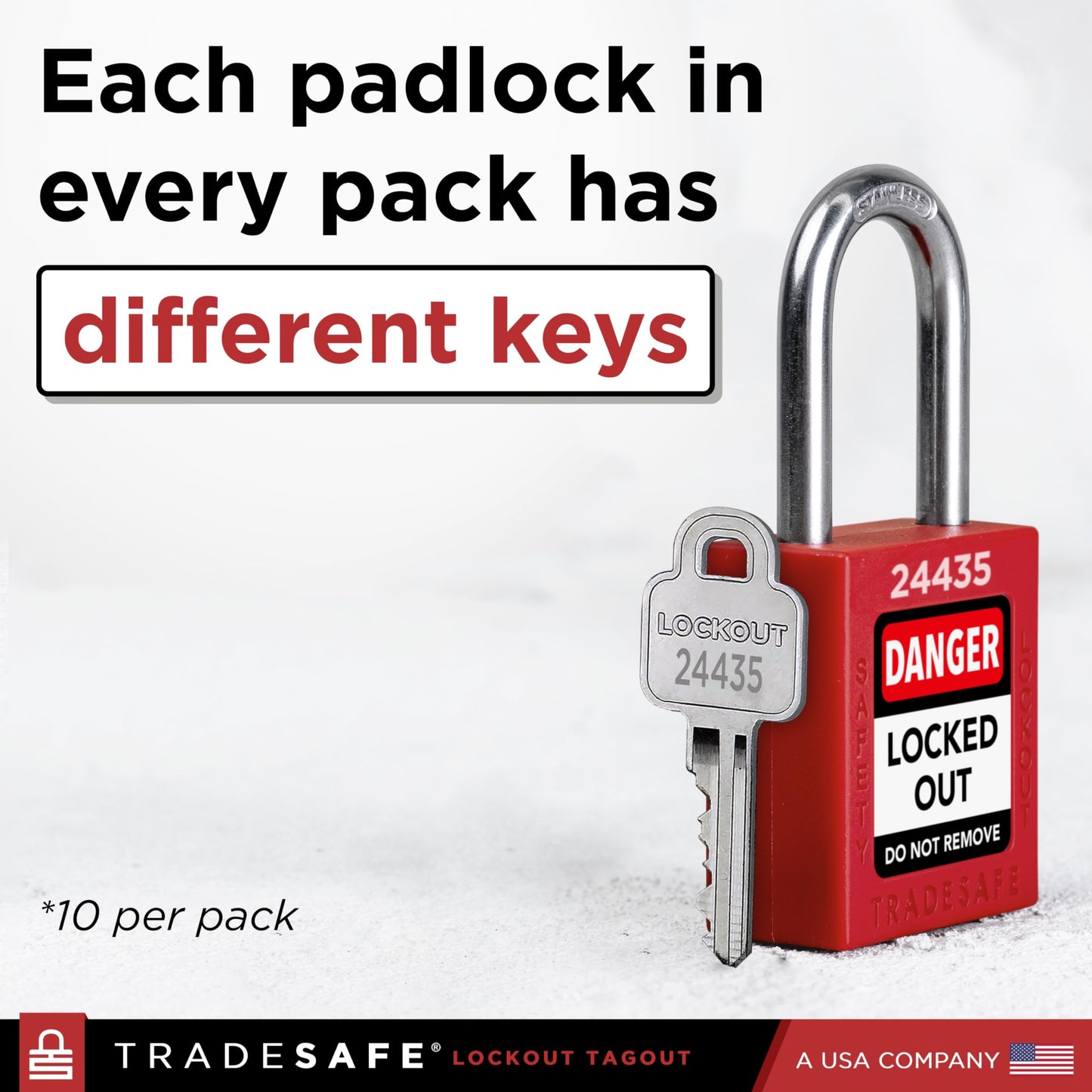 TRADESAFE Lockout Tagout Locks Set - 10 Red Loto Locks, Lockout Locks Keyed Different, 1 Key Per Lock, OSHA Compliant Lock Out Tag Out Padlocks, Safety Padlocks for Electrical Lockout Tag Out Kits