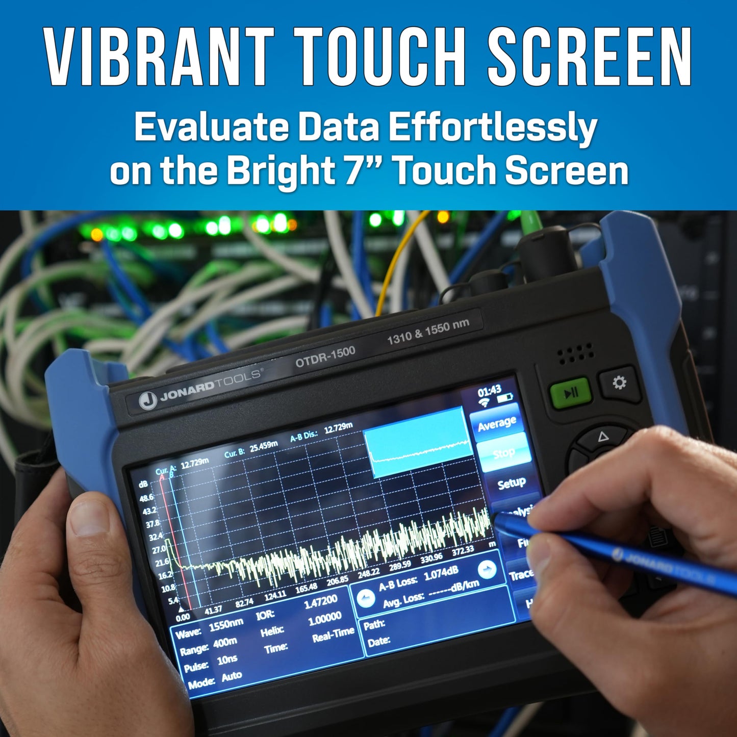 Jonard Tools OTDR-1500 Professional Multi-Function OTDR - Dynamic Range of 32/30, 7" Color Touch Screen, Dual Wavelength Fiber Tester, VFL, OPM Optical Power Meter, Wi-Fi, Adapters Included