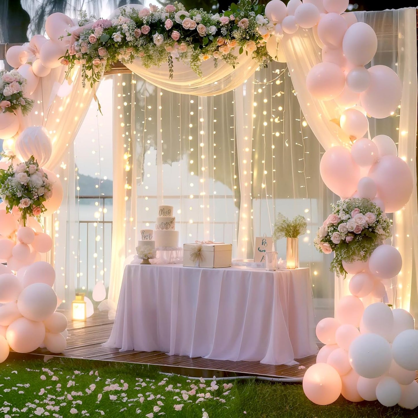 Suppromo 10ft 10ft x Ivory Tulle Photo Backdrop Curtain with Lights String for Parties Wedding Sheer Ivory Curtain