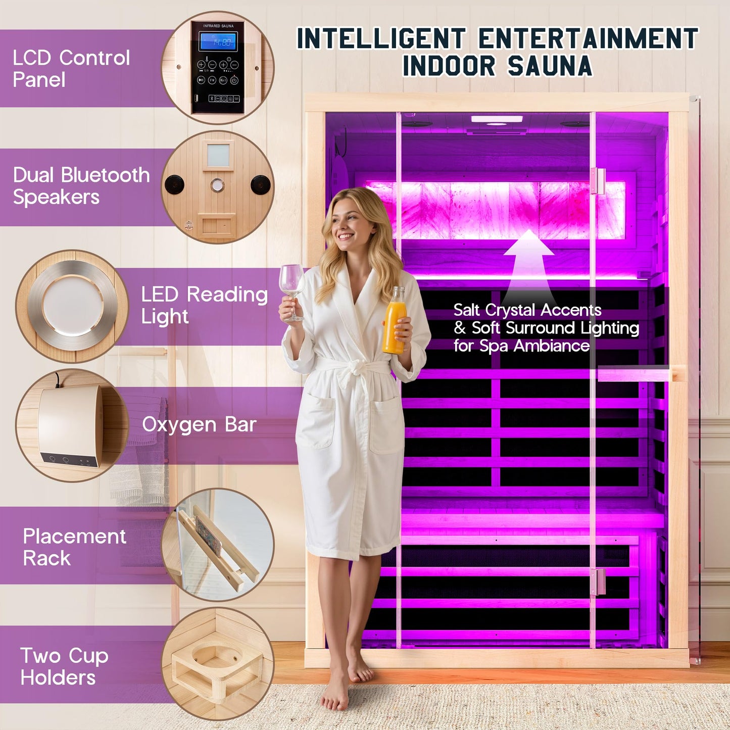 Albott Infrared Sauna 2 Person, Infrared Saunas for Home, Low EMF 110V Hemlock Wood Dry Sauna with Tourmaline Foot Warmer, 7-Color Light Therapy & Salt Crystal Bricks, 47.2"x34.2"x70.9"
