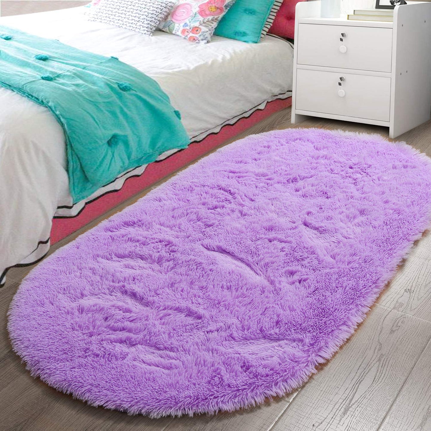 LOCHAS Bedroom Rug 2.6' x 5.3', Purple Fluffy Shaggy Area Rug for Bedroom Bedside, Soft Oval Throw Rugs Carpet for Kids Girls Nursery Living Room Home Decor