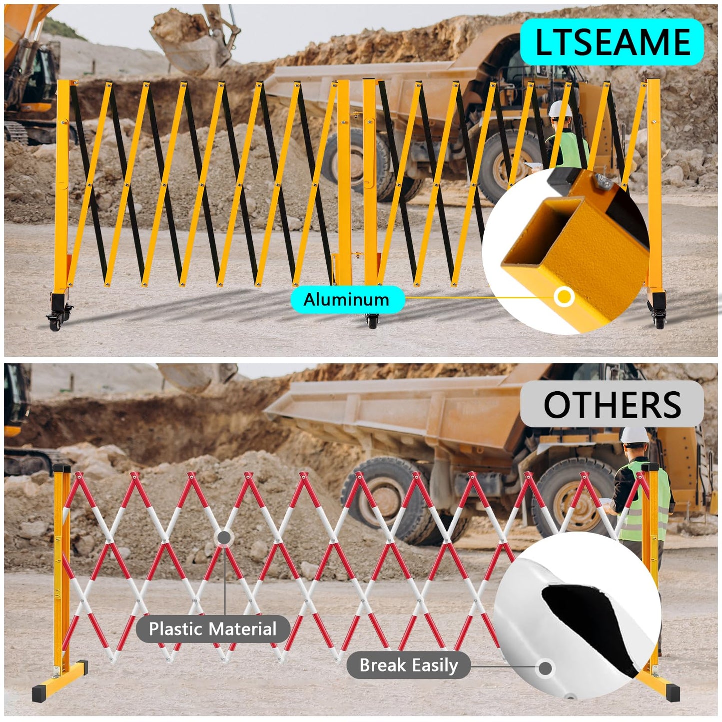 LTSEAME 23FT Industrial Expandable Barricade Folding Security Gate with Wheels,Retractable Driveway Gate with Aluminum Fence