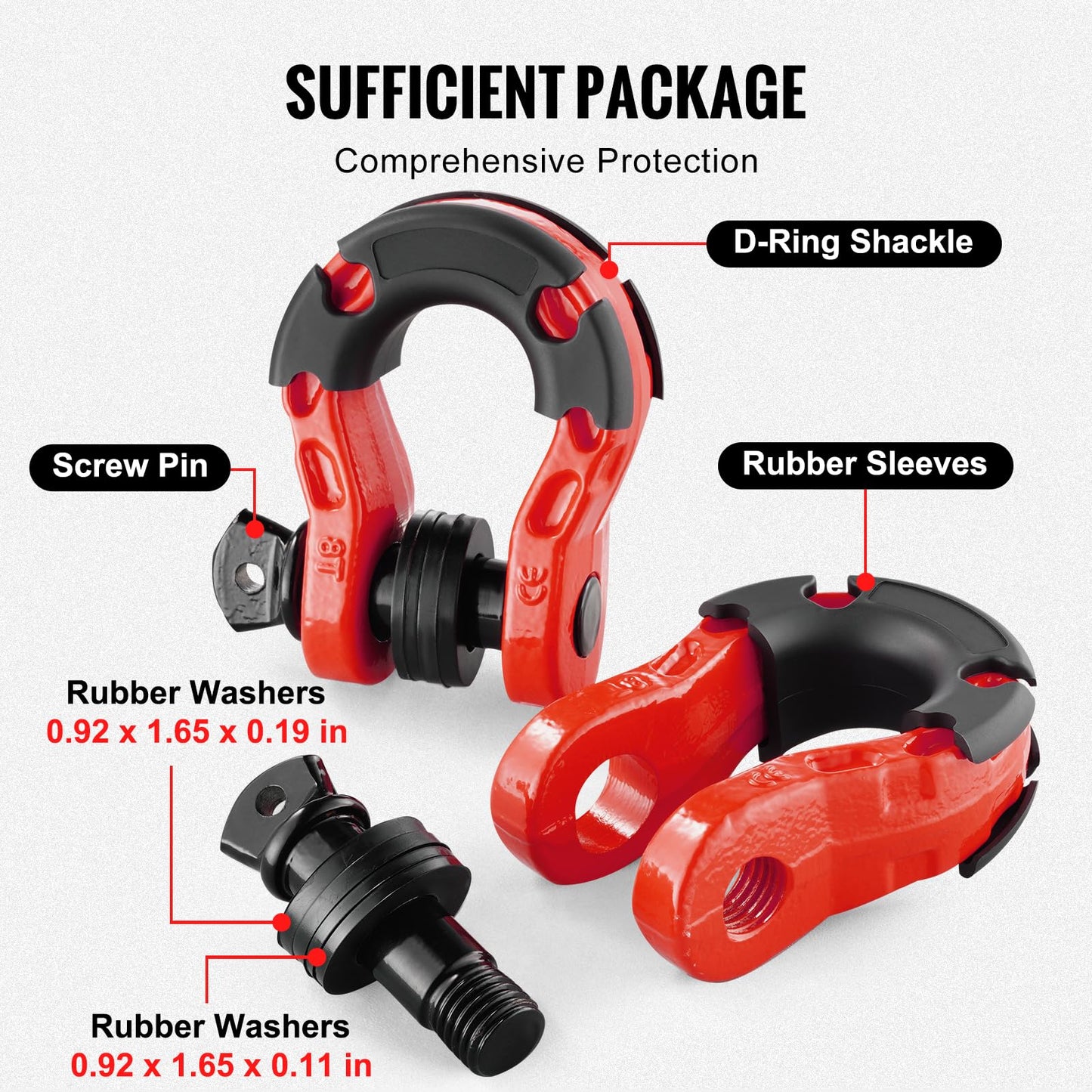VEVOR 3/4" D Ring Shackle, Red Shackles for Truck with 7/8” Screw Pin 66139 lbs (30 Ton) Break Strength Black Isolator Washers Kit, Winch Towing Shackle for Truck Jeep Heavy Duty Off Road Recovery