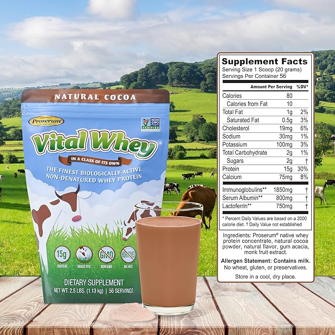 Grass-Fed Whey Protein Powder for Immune Vitality, Natural Cocoa 2.5lbs (56 Servings), 15g Protein Per Serve, Vital Whey, Clean Holistic, Wellness Nutrition
