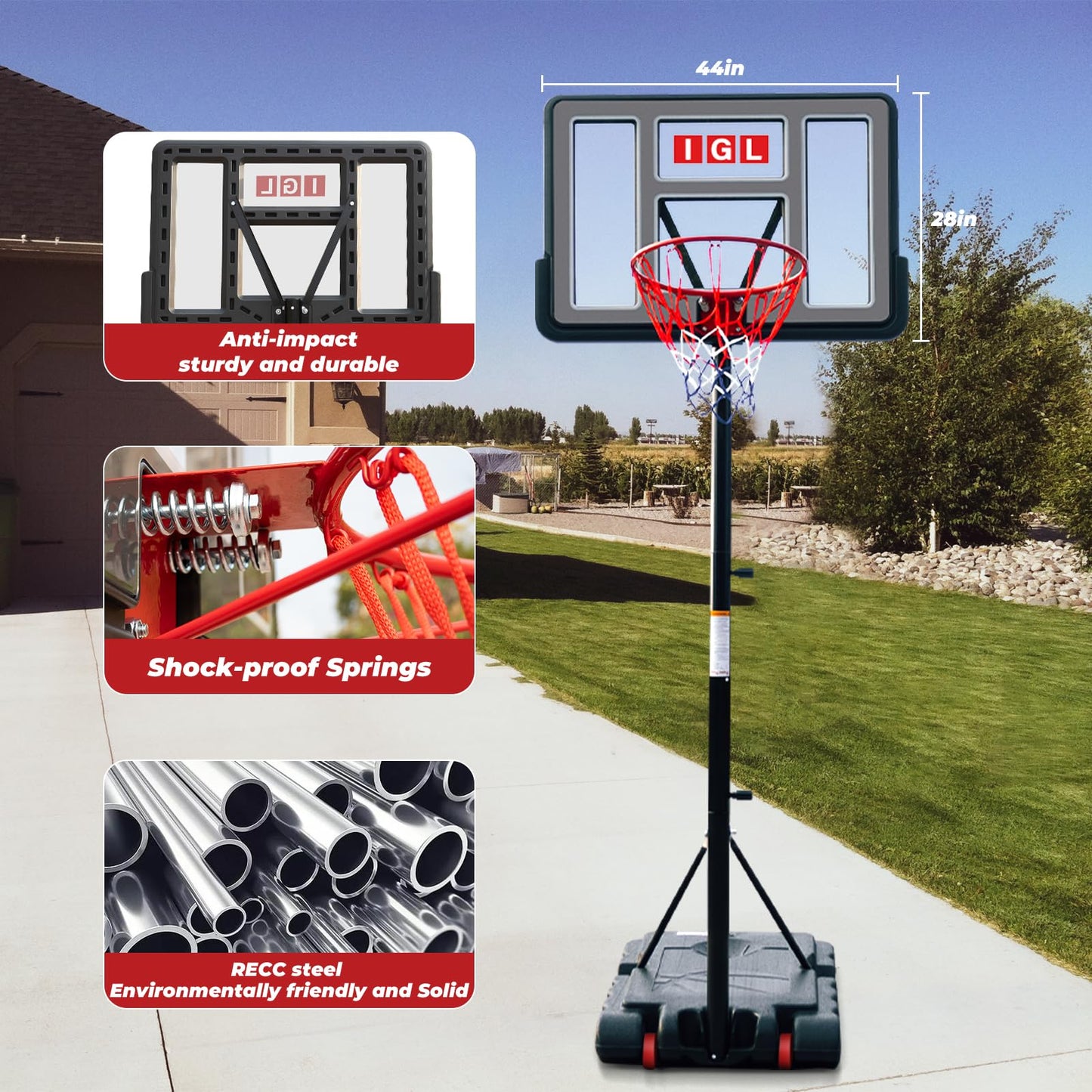 IGL Portable Basketball Hoop, 5.6-10FT Adjustable Basketball Goal System, 44 Inch Outdoor Basketball Hoop & Goals for Kids, Youth, and Adults in The Backyard, Driveway with PC Backboard (Black)